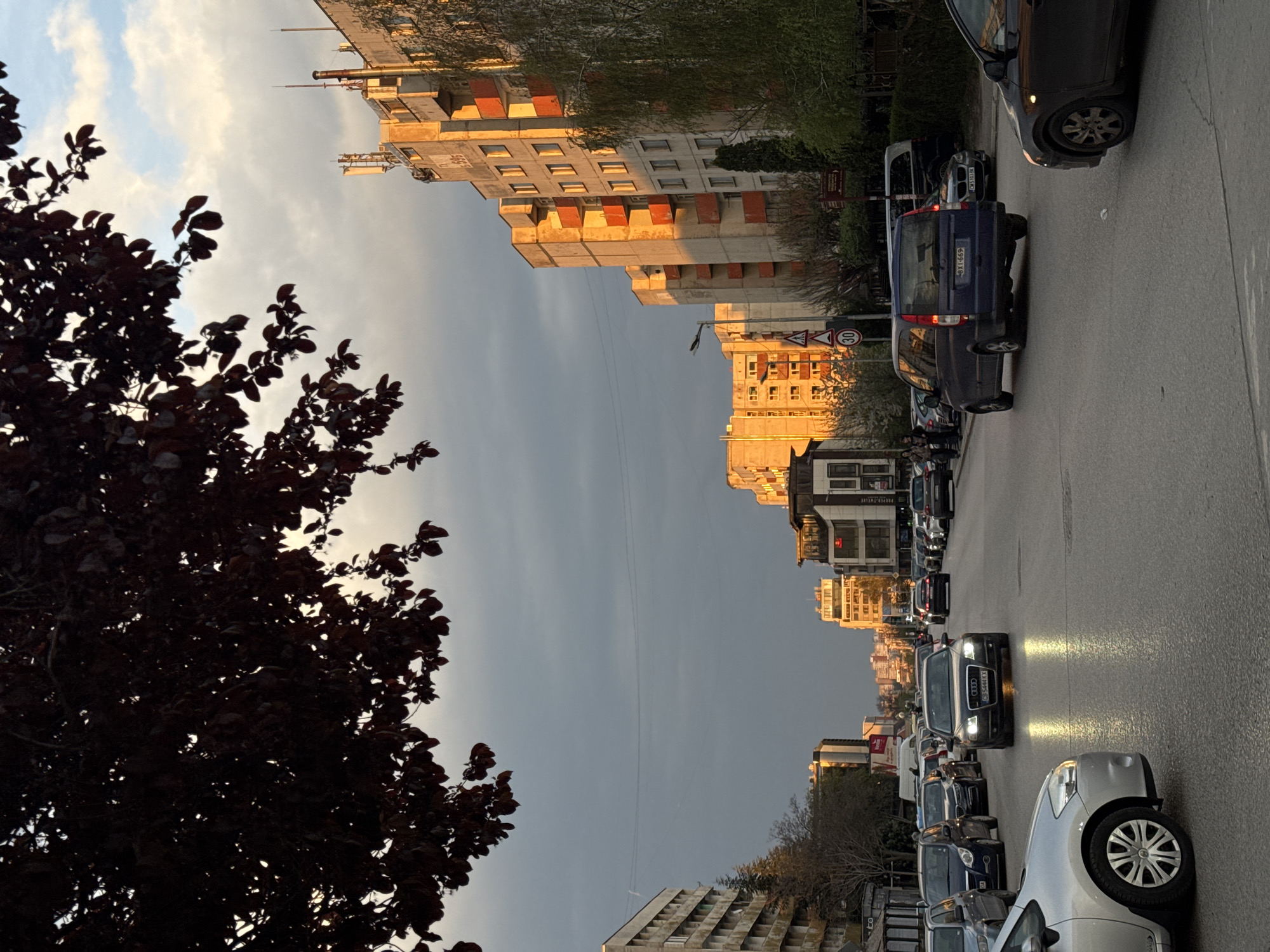 The image presents a vibrant late afternoon or early evening street scene in Sofia, Bulgaria. The low sun casts a warm, golden light on the upper facades of buildings and parts of the street, contrasting with the shadowed foreground and a sky that transitions from bright, cloud-dappled areas to a darker grey section.
In the foreground on the left, a large tree with dark foliage is silhouetted against the sky. Power lines are faintly visible across the sky. The street, running diagonally, is occupied by numerous parked and moving vehicles. Visible license plates, such as "B 3116 PP" on a blue van and "B 2465 HM" on an Audi, feature the "B" prefix, confirming the location as Sofia. A circular speed limit sign indicating "30" km/h is also visible.
Buildings of various architectural styles line the street. Prominent among them are multi-story concrete apartment buildings with orange-red accents, brightly illuminated by the setting sun. Further down the street, some buildings appear to have commercial ground floors, with partially visible text like "PROSPECTE TWELVE" on a facade. The scene captures the ordinary activity of an urban street during the golden hour, presenting a calm yet bustling atmosphere.