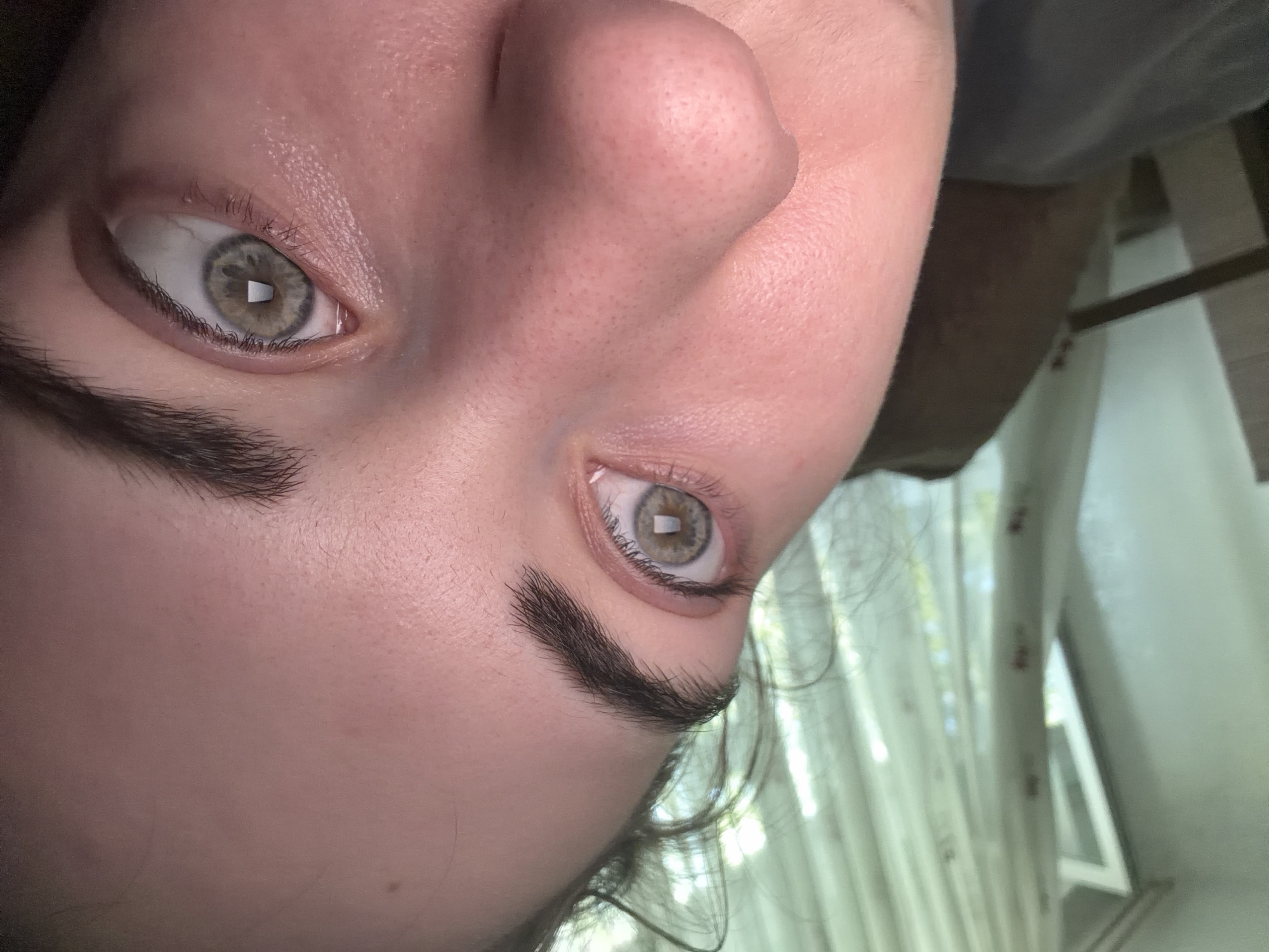 The image is a close-up, high-angle shot of a person's face, focusing on their eyes and nose. The person has light skin with visible pores. Their eyebrows are dark and well-defined. The irises of their eyes are a light greenish-gray with darker rings around the pupils. The left eye is more prominent and shows a reflection of a window with sheer curtains and sunlight filtering through. The background is blurred, but appears to be an indoor setting with a window and curtains. There is a hint of a dark brown chair or couch in the lower left corner. The image is not related to the city of Zavodoukovsk, Russia.