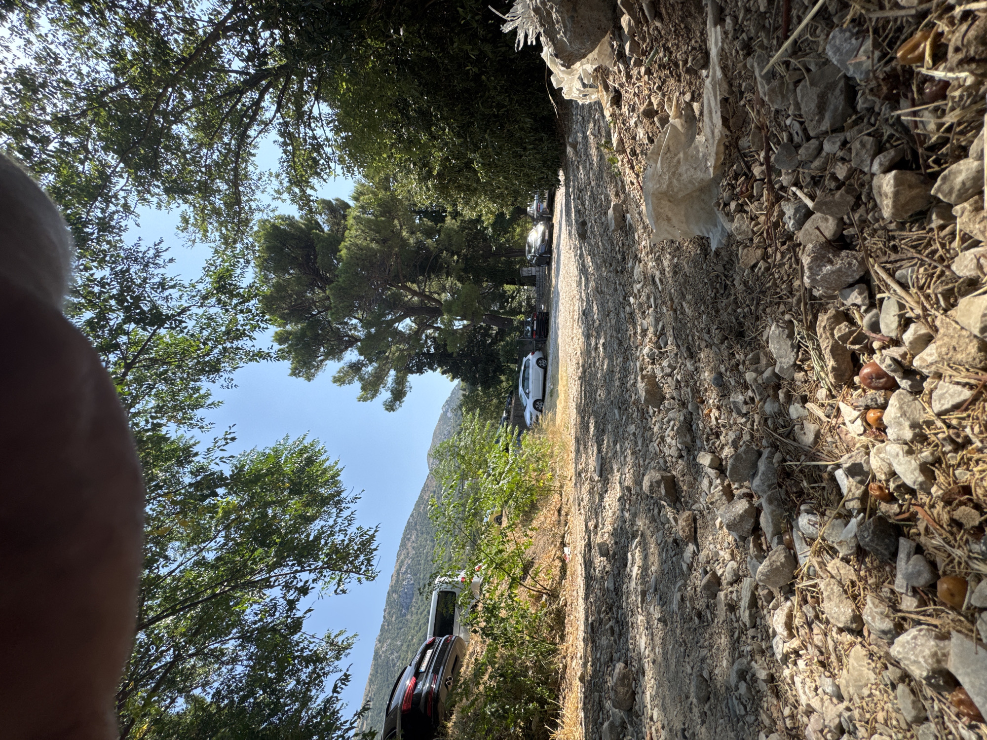 The image depicts a sun-drenched, rocky path leading into a shaded area beneath trees. In the distance, a parking lot is visible with several cars, including a white sedan and a dark SUV. The terrain is uneven, covered with stones and dry vegetation. Lush green trees overhang the scene, with some branches extending into the foreground. The background reveals a hillside with sparse vegetation and a clear blue sky. The scene appears to be a parking area near a natural setting, possibly on the outskirts of Sutomore, Montenegro.