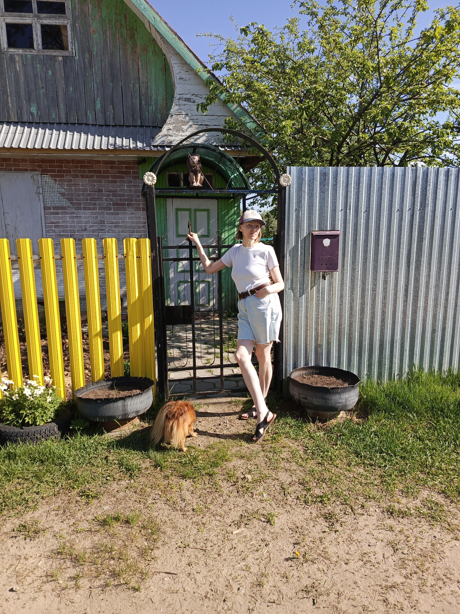 A full shot captures a woman standing in a yard in Chaikovsky, Russia. She wears a light-colored T-shirt, denim shorts, and sandals, with a baseball cap on her head. She leans against a green gate with black ironwork, topped by a decorative lion figure. To the left, a bright yellow picket fence stands next to the gate, with flower-filled tires at its base. A dog sits on the ground nearby. To the right of the gate, a corrugated metal fence runs alongside the yard, featuring a dark red mailbox. The lawn has patches of bare earth. Behind the fences, a house stands, with visible wear and tear on its exterior. A tree with green leaves is partially visible behind the fence. The sky is clear and blue.