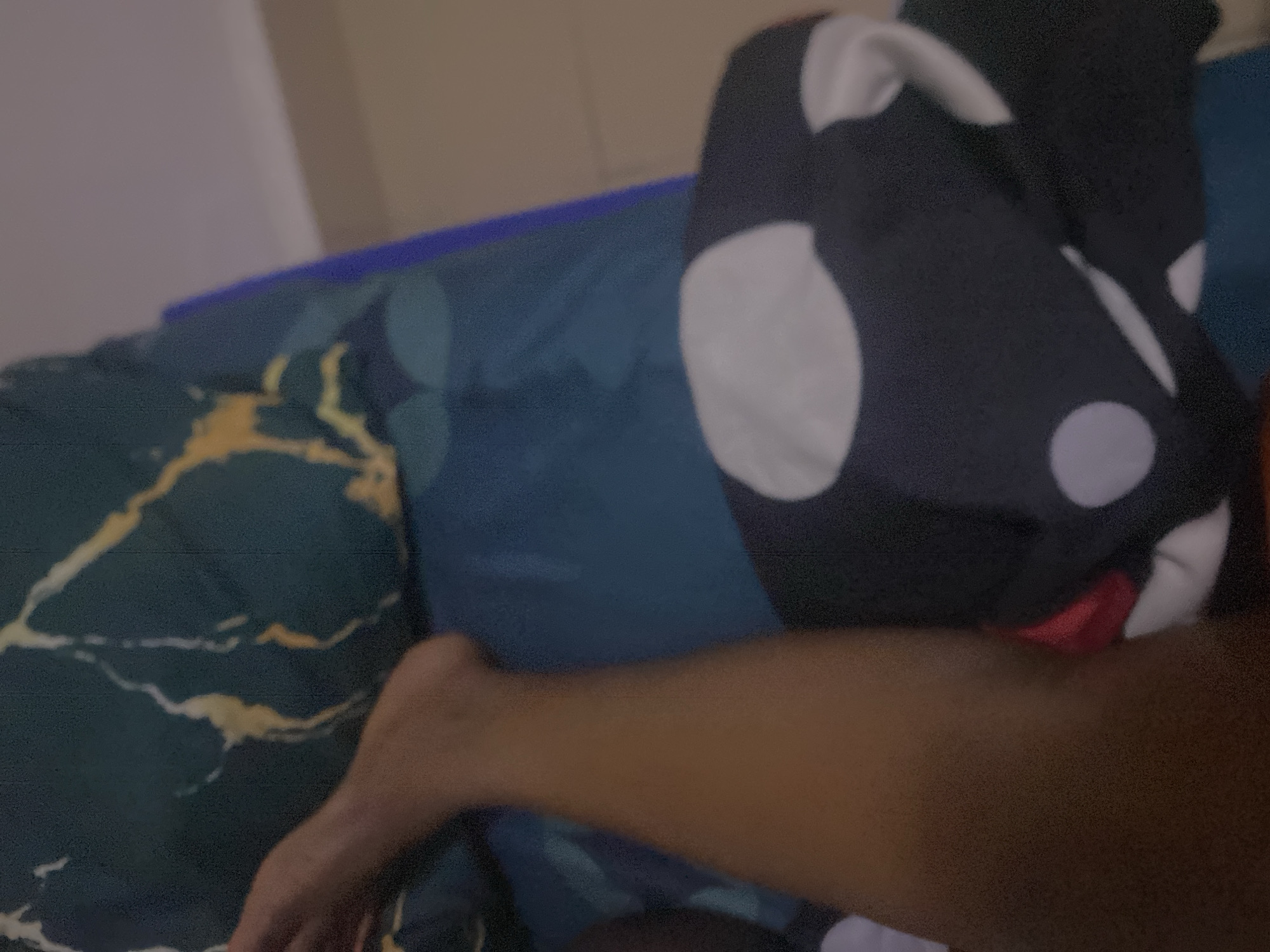 The image shows a close-up view of a person's leg, which is dark-skinned, resting on a bed. The bed has patterned bedding in shades of dark blue, teal, and yellow. A polka-dot patterned blanket is also visible. The background is blurred and suggests an indoor setting. There are no visible elements that indicate a specific location within the city of Howayi, Nigeria.