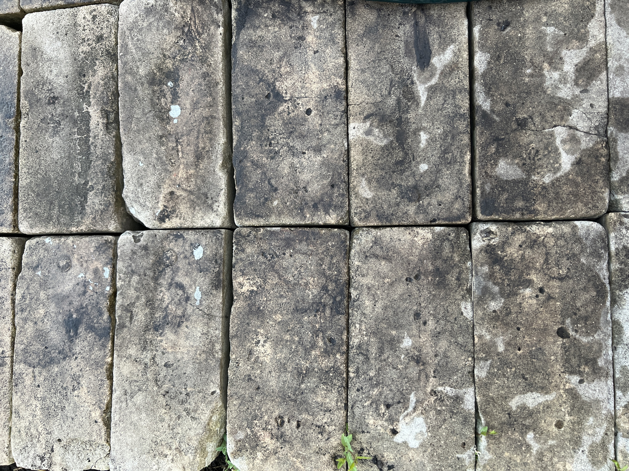 The image shows a close-up, overhead view of a paved surface composed of weathered, rectangular bricks. The bricks are arranged in horizontal rows, with two columns visible in most sections of the image. They appear to be made of concrete or a similar material and are a mottled grey color with dark stains and lighter patches, suggesting exposure to the elements. Some of the bricks have visible cracks and are slightly uneven in texture. Small green shoots of grass are peeking through the gaps between some of the bricks on the left side of the image. The scene is devoid of any people or discernible activity, presenting a static, textural study of the brickwork. There are no specific landmarks or features that would identify this as being in Lopatino, Russia; the description is purely based on the visual elements present in the image.
