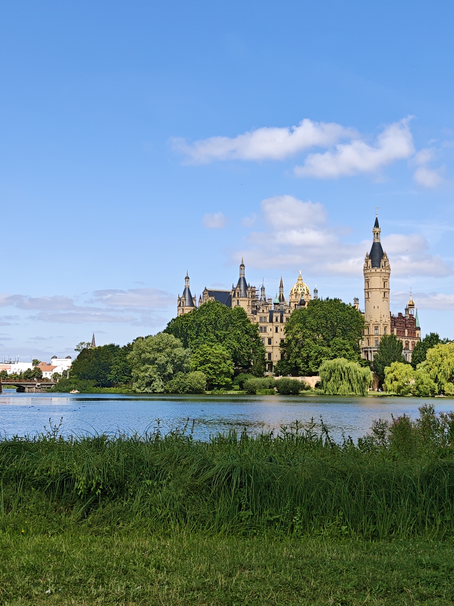 The image depicts a scenic view of the Schwerin Castle, also known as Schweriner Schloss, situated on an island in the Ziegelsee lake in Schwerin, Germany. The castle is a prominent landmark, characterized by its elaborate architecture, including multiple spires, turrets, and a distinctive tall tower with a dark pointed roof. It is surrounded by lush green trees, some of which are weeping willows.
In the foreground, a calm, blue body of water, presumably the Ziegelsee, occupies the lower half of the image. Tall green grass and vegetation line the immediate foreground. In the background, across the lake, a bridge is visible on the left, with some buildings and a spire of a church. The sky is a bright blue with scattered white clouds. The overall scene is serene and picturesque, showcasing the castle amidst its natural surroundings on a clear day. No people are clearly discernible in the image.
