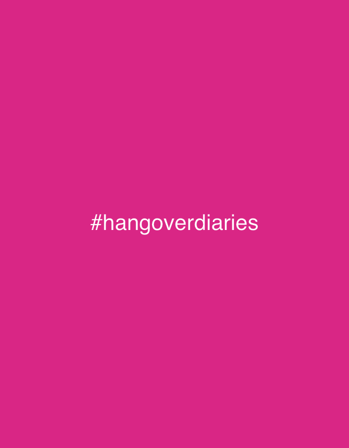 A pink background with the white text "#hangoverdiaries" in the center.