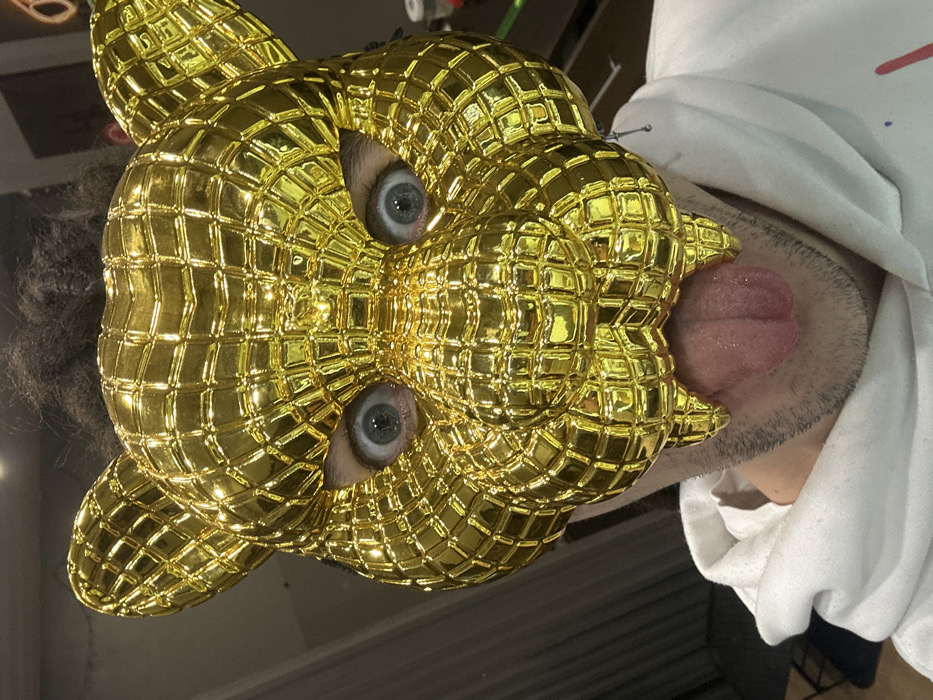 A person is depicted in a close-up, front-facing view within an indoor setting. The individual is wearing a prominent golden, faceted mask designed to resemble a panther or jaguar head. The mask features a grid-like texture across its surface and covers the upper face, leaving the eyes and lower mouth exposed. Two wide-open, light blue or grey eyes with dilated pupils are visible through the mask's eye openings. Dark, curly hair is visible above the mask. A human tongue is extended downwards from beneath the mask, and visible stubble covers the chin and jawline area. The individual is wearing a white hoodie. The background is dark, out of focus, and indistinct, showing minimal environmental details apart from blurred shapes and a faint reddish glow in the upper right. The specific location within the city of Saratov, Russia, cannot be determined from the visual evidence provided in the image.