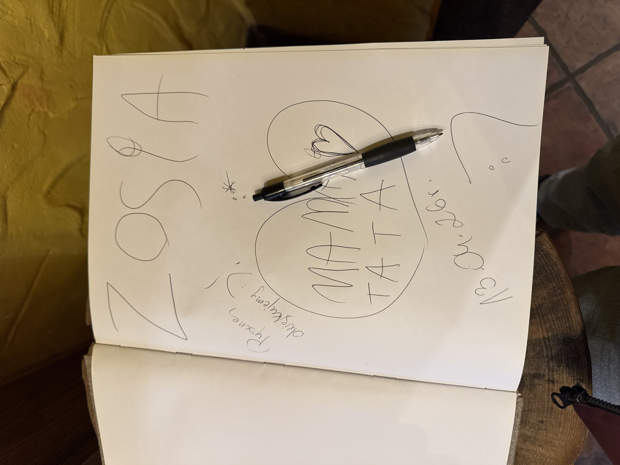 A close-up shot depicts an open notebook resting on a wooden surface, possibly a table. The notebook is open to a page covered in handwritten text and doodles. The text "ZOSIA" is written vertically on the left side of the page, and other text appears to be "Ryszne obiegujemy :)" is written on the bottom left. A drawing of a heart surrounds the text "MATA" written inside it. Additional writing resembling "13 Ov. 296." is present on the right side of the page. A black pen rests on top of the heart drawing. The notebook is lying on a wooden surface, partially visible in the corners of the image. Given the name “ZOSIA” which is a very common name in Poland, it is possible that this image was taken in Bydgoszcz, Poland, but without any other information, this remains speculation.