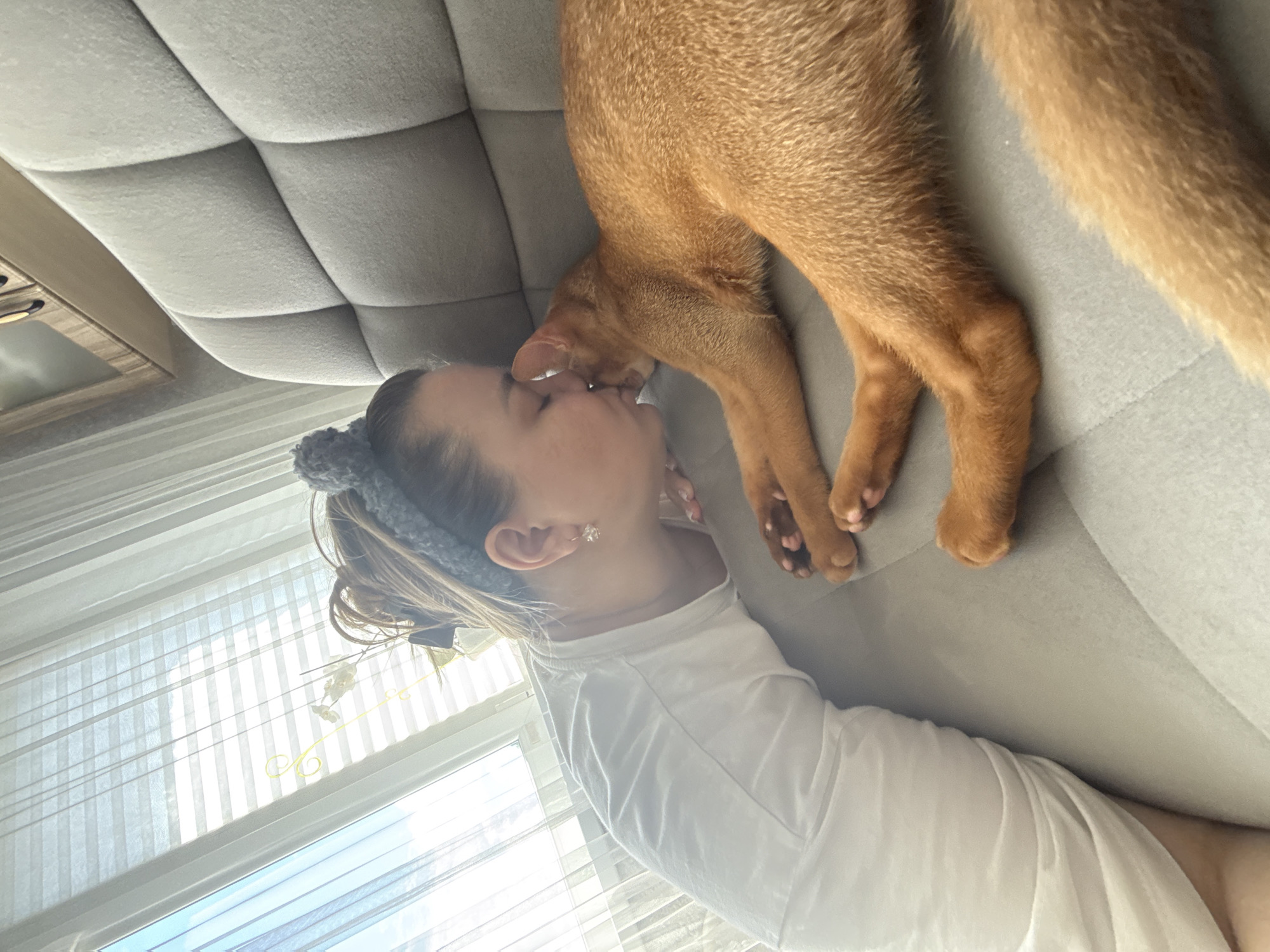 In this close-up, vertically oriented image, a young person and an orange cat are shown in a tender moment on a tufted gray sofa. The person, viewed from the side, is wearing a white t-shirt and a gray fuzzy headband. Their eyes are closed, and they appear to be nuzzling or kissing the cat, who is also close to their face. The cat, with its orange fur and delicate paws, is resting its head near the person's cheek. The background features a bright window with white vertical blinds, suggesting it is daytime. The soft lighting and the intimate interaction between the person and the cat convey a sense of warmth and affection. The setting appears to be a domestic indoor space.