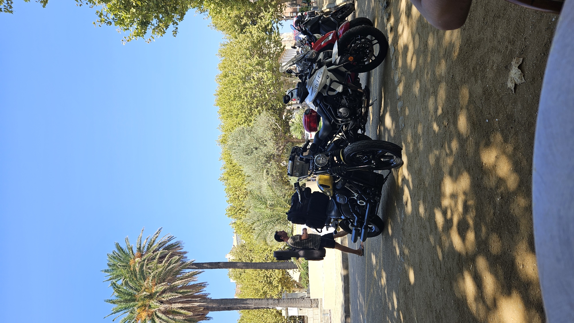 A man walks past several parked motorcycles in L'Île-Rousse, France, carrying a guitar case. The scene is outdoors on a sunny day, with a clear blue sky and lush green trees. The ground is a sandy, gravelly surface, with dappled sunlight filtering through the trees. The motorcycles are various makes and models, some loaded with luggage. The man is wearing a striped t-shirt and shorts. In the background, palm trees and buildings suggest a Mediterranean setting.