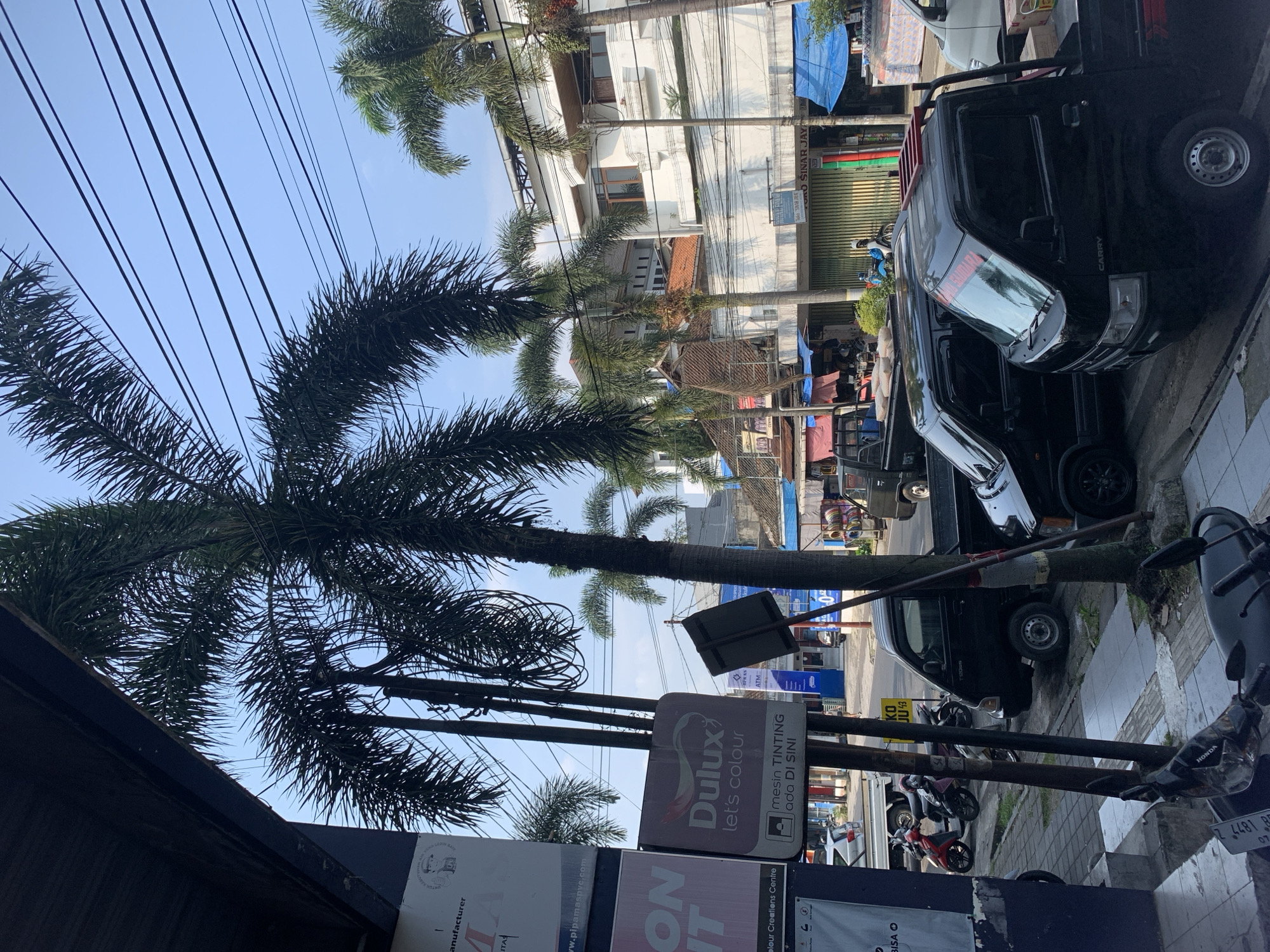 This media file shows a street scene in Sumedang, Indonesia. The image is oriented vertically, with the bottom of the frame showing a sidewalk and a road. Palm trees are a prominent feature of the scene, with their fronds extending across the upper portion of the image and also visible in the midground. Buildings line the street, some appearing to be shops with awnings and signs.
In the foreground, there are several signs, one of which prominently displays the "Dulux let's colour" logo and text in Indonesian indicating "mesin TINTING ada DI SINI" (tinting machine available here). Another sign mentions "Pipamaspvc.com". To the right, a black pickup truck is parked, with the word "CARRY" visible on its side. A motorcycle is also parked nearby. Further down the street, more vehicles, including motorcycles and cars, can be seen.
The sky is clear and blue, suggesting a bright day, likely in the morning or afternoon. The presence of the palm trees and the signage in Indonesian strongly indicate the location as Indonesia, specifically Sumedang as per the provided context. There are no people clearly visible in the image, but the overall impression is of a typical busy street in a Southeast Asian town. The scene captures an everyday commercial environment with a focus on products and services offered at local businesses.