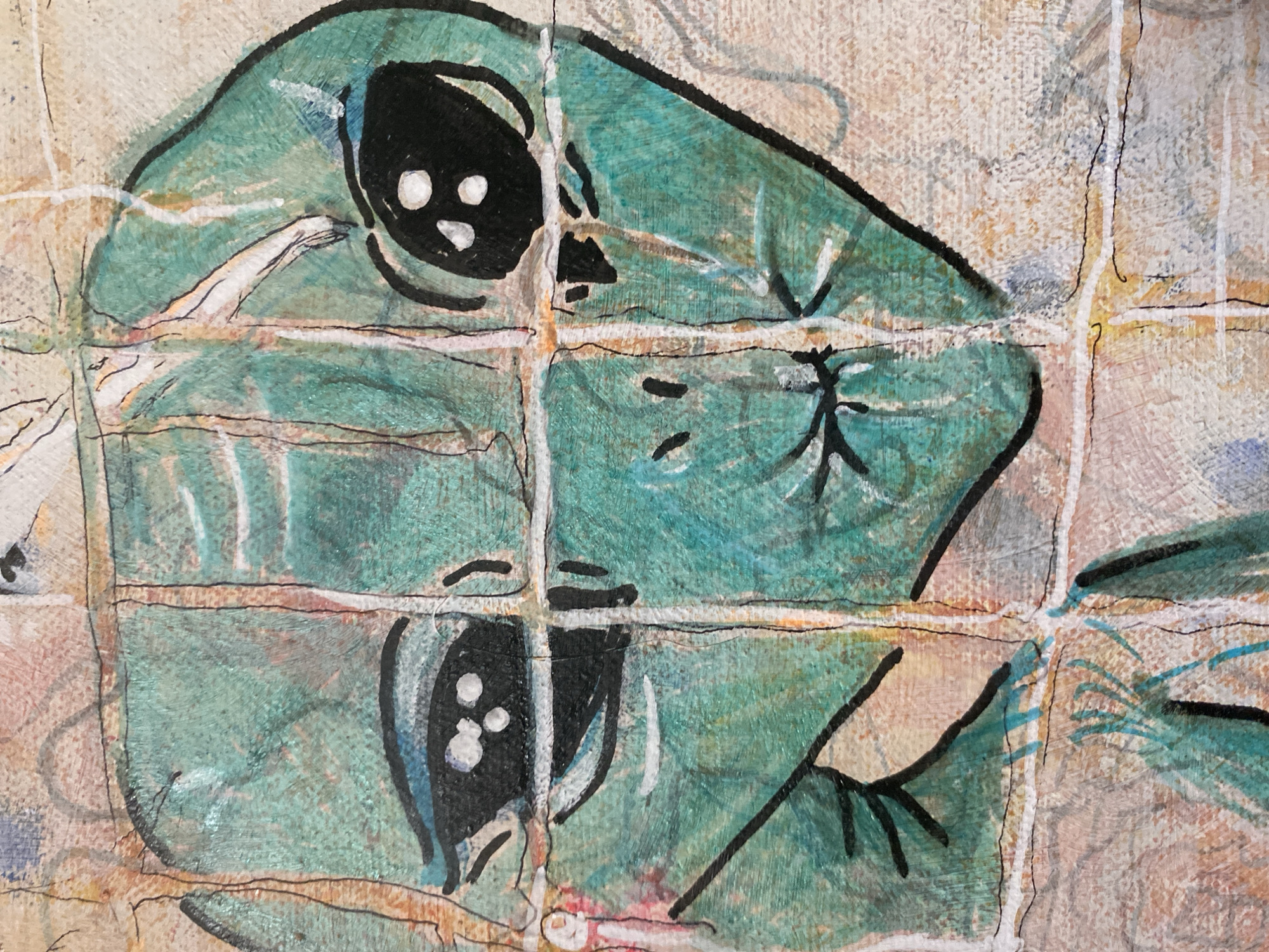 The image is a close-up of a painting or mural depicting an alien's face. The alien has large, dark eyes with white pupils. Its skin is a textured teal color, and it has a small mouth pursed into a frown. The artwork is overlaid with a grid of thin, white and black lines, creating a fractured or segmented effect on the face. The background is a mottled texture of muted colors, suggesting a rough surface like a wall or canvas. There is no indication of Thira Municipal Unit, Greece, in the image.