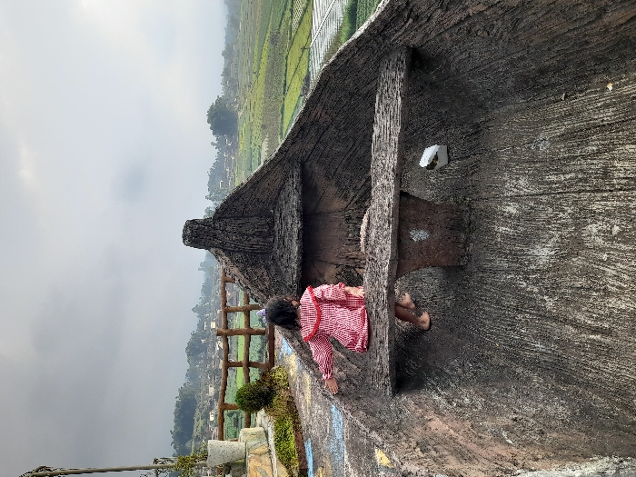 The scene takes place on a wooden structure in the shape of a boat, located at coordinates -7.855, 112.454, which is in Kecamatan Pujon, Indonesia. A young girl in a red and white checkered dress is standing on the edge of the boat, facing away from the camera. She is looking out at the landscape, which is visible in the background. The landscape consists of a village, farm fields, and mountains in the distance. The sky is overcast. The girl is the only person in the image. There is a white box in front of the boat. The boat is made of a dark, rough material that resembles wood. There are also wooden railings in the background, indicating that the boat structure is part of a larger outdoor space.