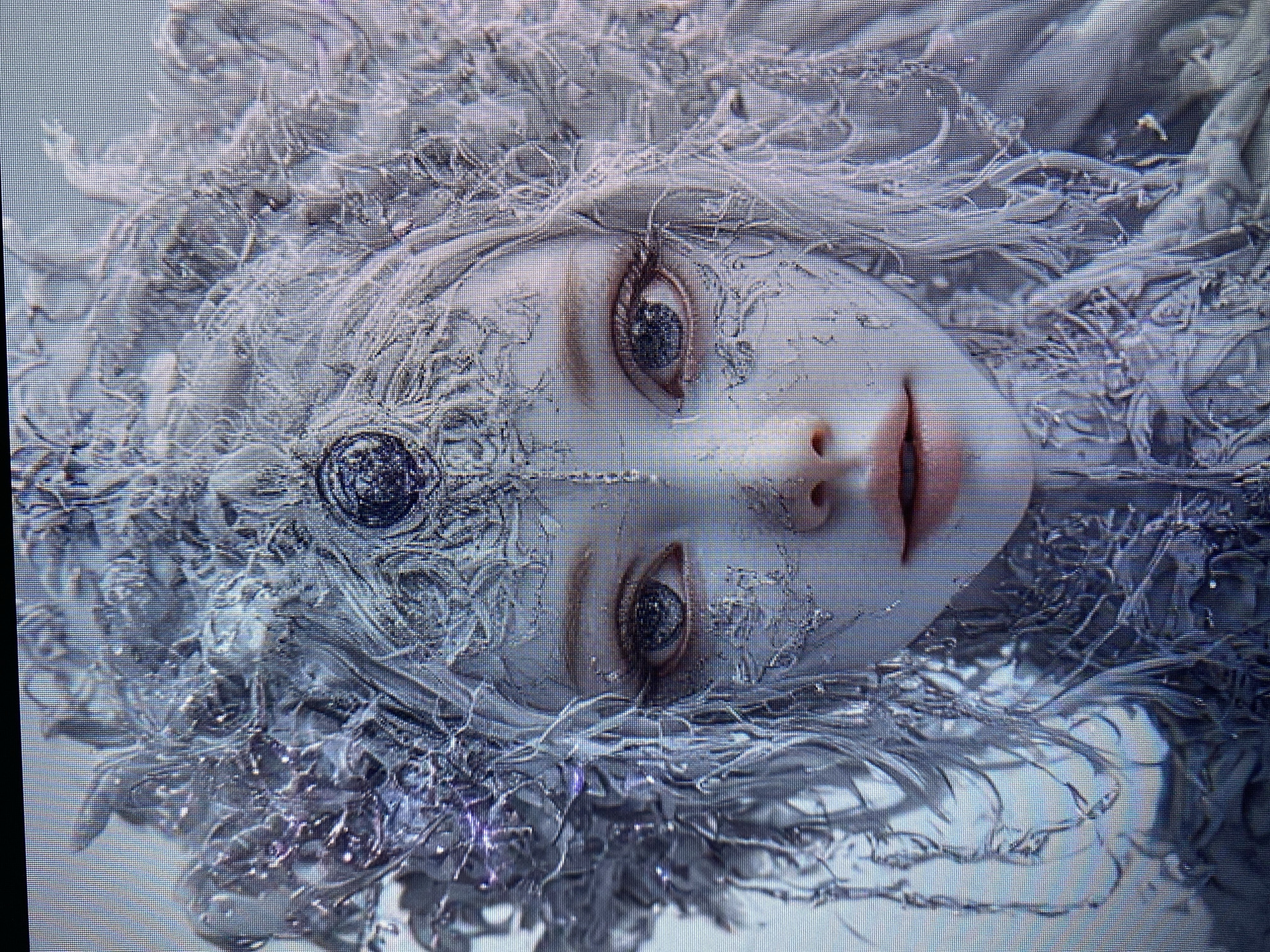 The image is a close-up, digitally rendered portrait of a person with striking facial features. The subject has fair skin with intricate, silver, crystalline patterns adorning their face, particularly around the eyes and forehead. Their eyes are large and captivating, with a sparkling, almost gem-like quality. They are wearing an elaborate headdress and intricate silver ornamentation that frames their face, resembling frost or delicate metallic filigree. The overall aesthetic is ethereal and fantastical, with a monochromatic palette dominated by whites, silvers, and subtle hints of pink on the lips. The background is indistinct, suggesting a digital creation rather than a photograph of a specific location. There is no discernible connection to the city of Yerevan, Armenia, or any specific real-world setting.