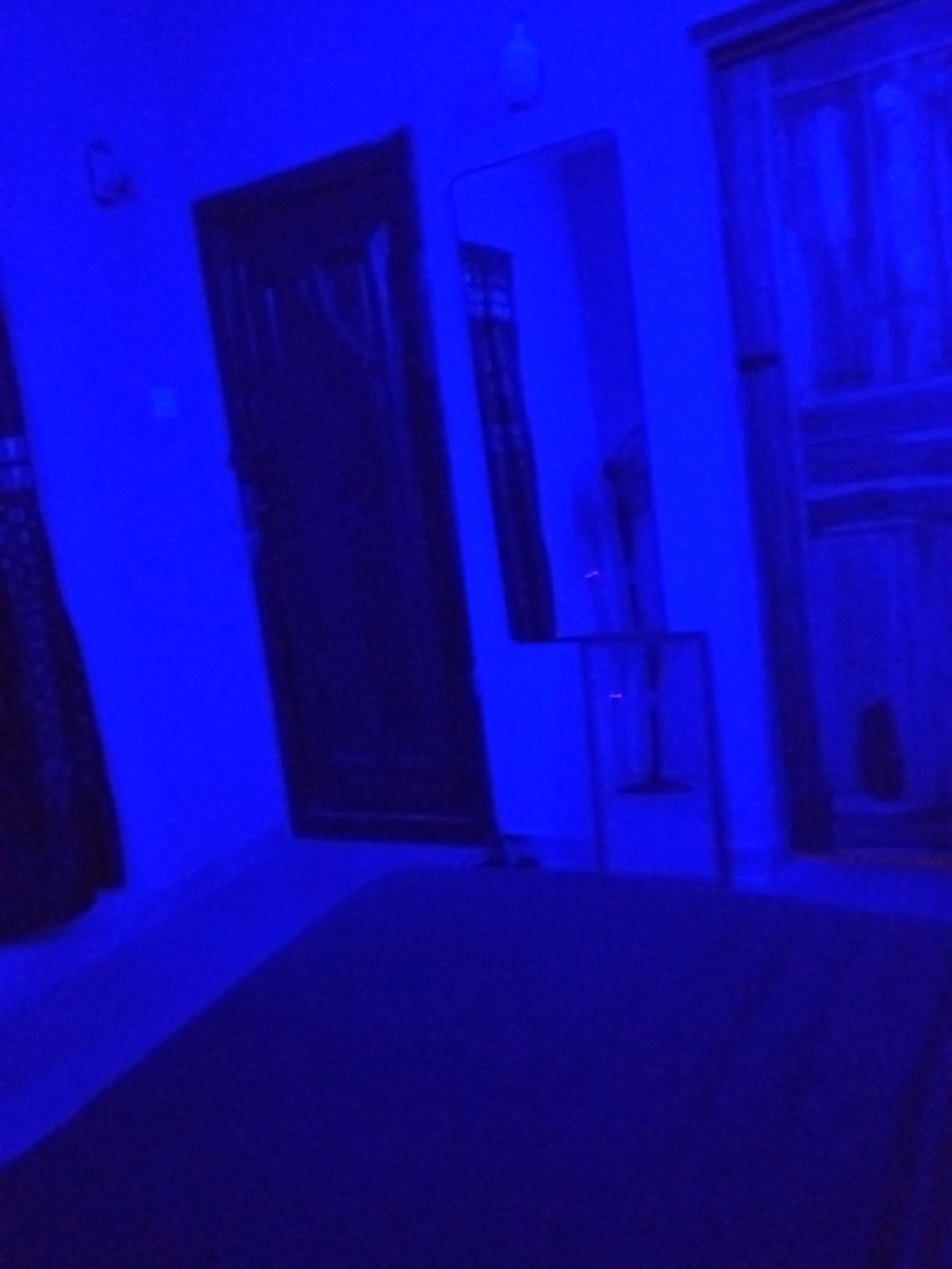 In a room illuminated by blue light, a dark wooden door stands on the left. To its right, a full-length mirror is positioned, reflecting a portion of the room. A narrow, dark-colored curtain is visible on the far left, partially obscuring the wall. A similar curtain is seen on the far right. The floor is covered in a dark material, likely carpet. The overall scene suggests a dimly lit interior space, possibly a bedroom or dressing area. The location is identified as Iseyin, Nigeria.