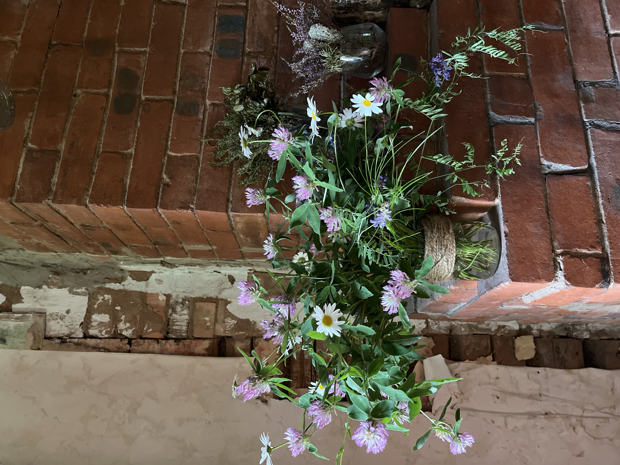 The image depicts a rustic indoor scene with a bouquet of wildflowers, including pink clover and white daisies, arranged in a glass jar. The jar is tied with twine and sits on a brick ledge. Behind the bouquet, a wall of aged red brick is visible. To the left of the brick wall, another wall with peeling plaster and exposed brickwork can be seen. Further to the right, on the same brick ledge, are two more glass vases containing dried greenery and lavender. The overall impression is one of a country or cottage aesthetic, possibly within an older building in Starye Politsy, Russia. There are no people or animals present in the image.