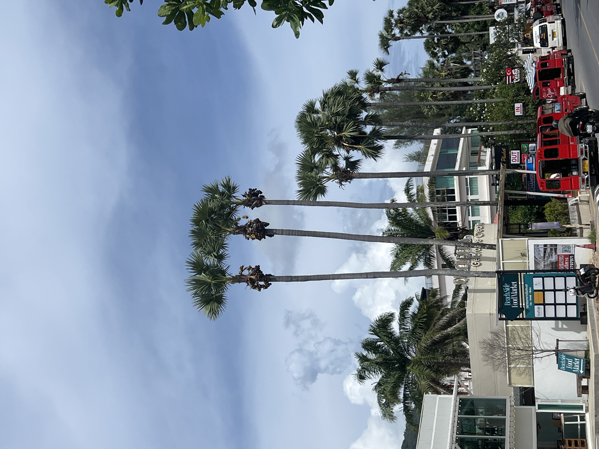 The image shows a street scene in Karon, Thailand, with several palm trees lining the road. In the foreground, there are some modern buildings with large windows and signs in English and Thai, indicating businesses such as "Beach Side Food Market" and "Gelato Ice Cream". Several bright red tuk-tuks, a common mode of transportation in Thailand, are parked along the street, with one being ridden by a person on a motorcycle. Further down the street, more palm trees and buildings are visible, suggesting a commercial or tourist area. The sky is partly cloudy, with a mixture of blue sky and white clouds.