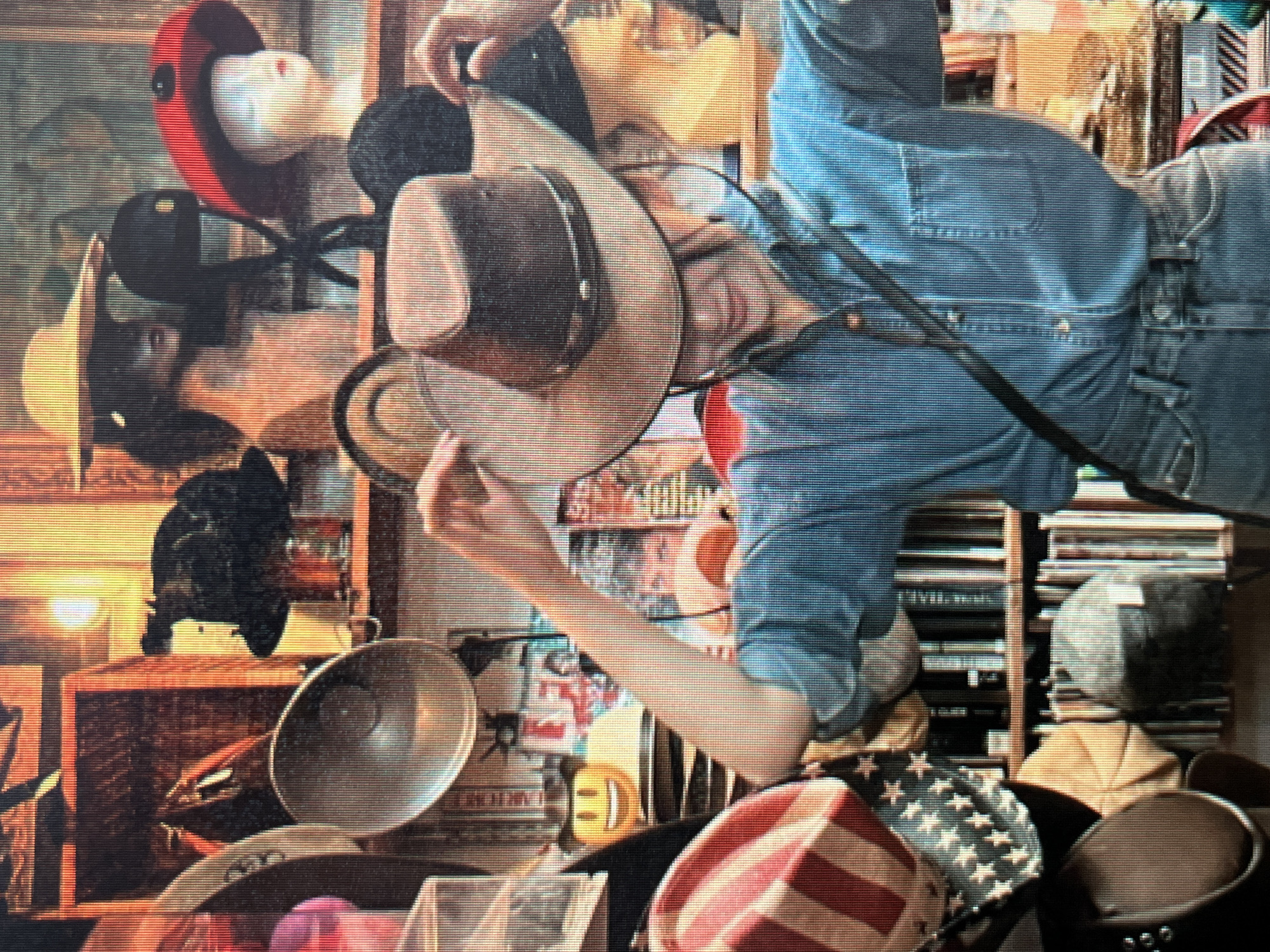 The image shows a person, likely a young woman, wearing a blue denim shirt and jeans, trying on a brown cowboy hat. The hat is tilted forward, obscuring her eyes, but her mouth appears to be smiling. She is in a shop filled with various hats displayed on shelves and mannequins. To the left, there's a hat with red and white stripes and a pattern of white stars on a blue background. Other hats visible include a large red hat with a black accent, a yellow wide-brimmed hat on a mannequin, and a black fascinator-style hat. In the background, there are shelves with books or other items, and a vintage-looking light fixture. The overall impression is a quirky and well-stocked hat shop. This scene is located in the city of Sejahtera, Indonesia.