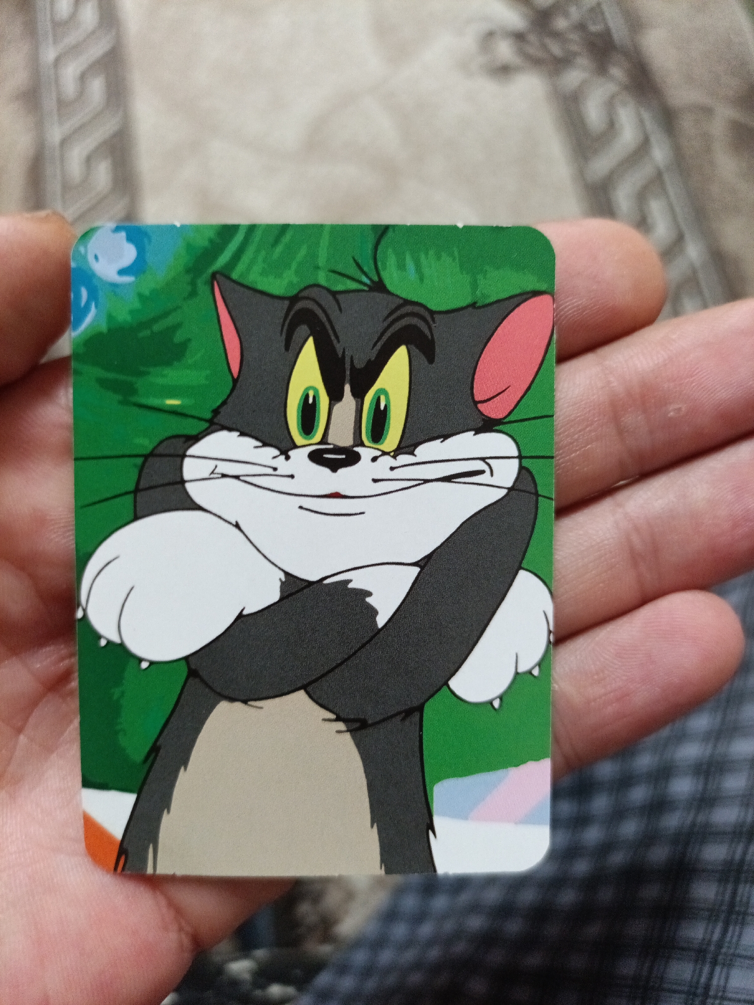 An image shows a hand holding a rectangular card with a cartoon image of Tom the cat from Tom and Jerry. Tom is depicted with his arms crossed and a stern expression. He has black fur, yellow eyes with green pupils, pink inner ears, and a light grey belly. The background of the card is green with some abstract blue shapes. The card is held in a person's hands, which are visible on the sides of the image. The person's skin tone is fair. The background of the image beyond the card appears to be a textured surface. There is no information in the image to suggest a location in the city of Nyagan, Russia.
