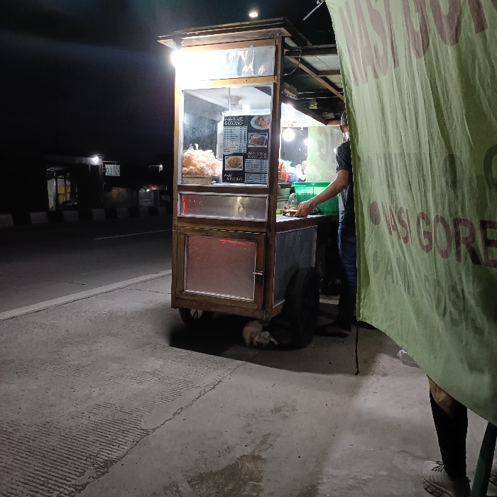 The scene is a street food stand in Kecamatan Brangsong, Indonesia, located at latitude -6.947, longitude 110.228. The stand is a wooden cart with glass display cases. There is a person in front of the stand interacting with the vendor. The stand is lit by a lamp on top and a light inside the display case. The stand is parked on a concrete street in front of a green tarp with the words "WASI GORE" on it. There is a dog sitting on the ground in front of the stand. The environment is dimly lit and the sky is dark. The stand appears to be selling fried food, with a menu visible inside the display case. The vendor is dressed in a dark shirt, while the other person is wearing a light-colored shirt. The dog is light-colored and appears to be sitting calmly. The street is empty except for the stand and the people.