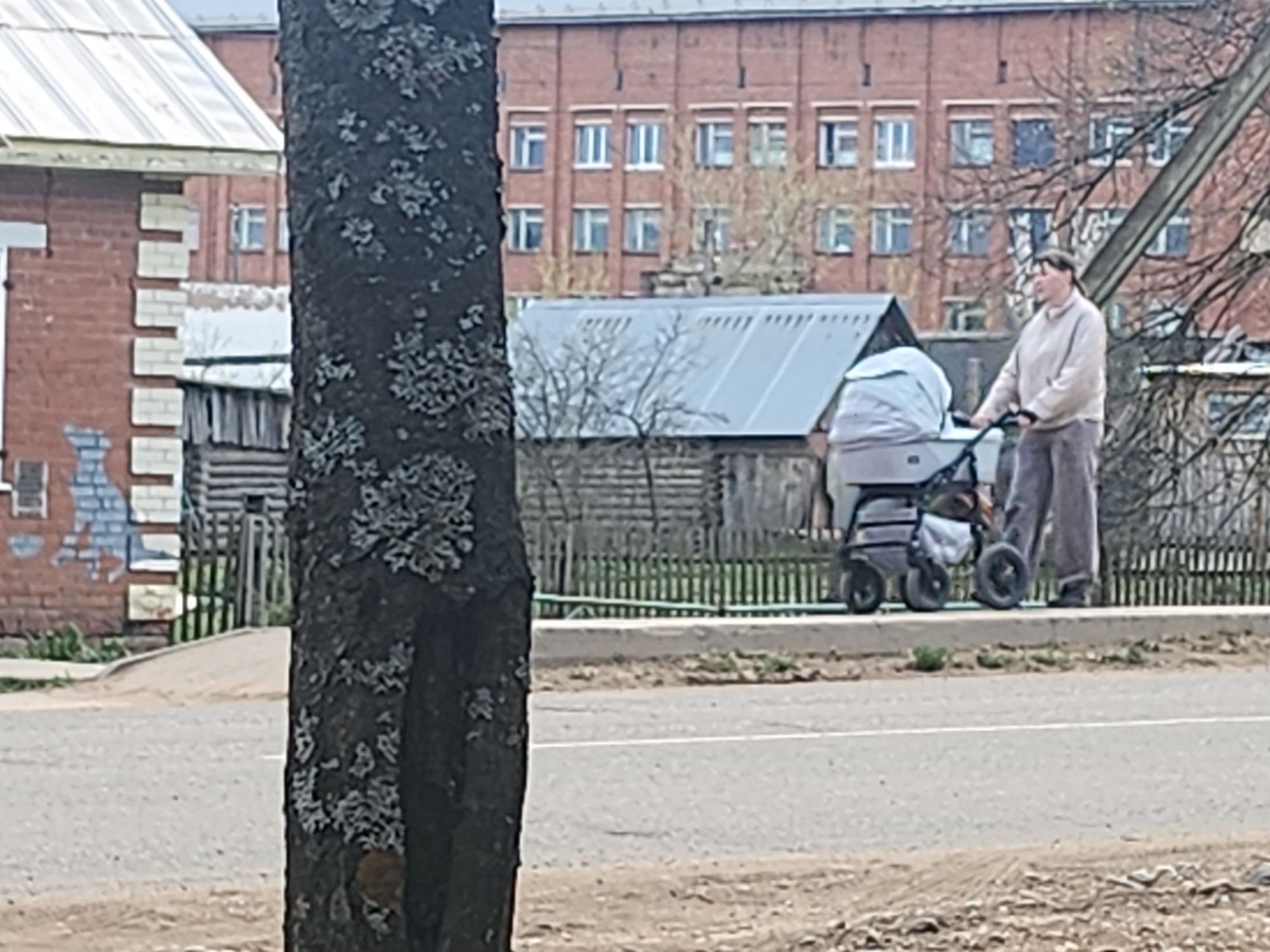 A person is walking along a sidewalk in Krasnogorskoye, Russia, pushing a stroller. The sidewalk is adjacent to a road. In the background is a red brick building with multiple windows, and a wooden fence. A tree trunk with lichen is prominent in the foreground on the left side of the image.