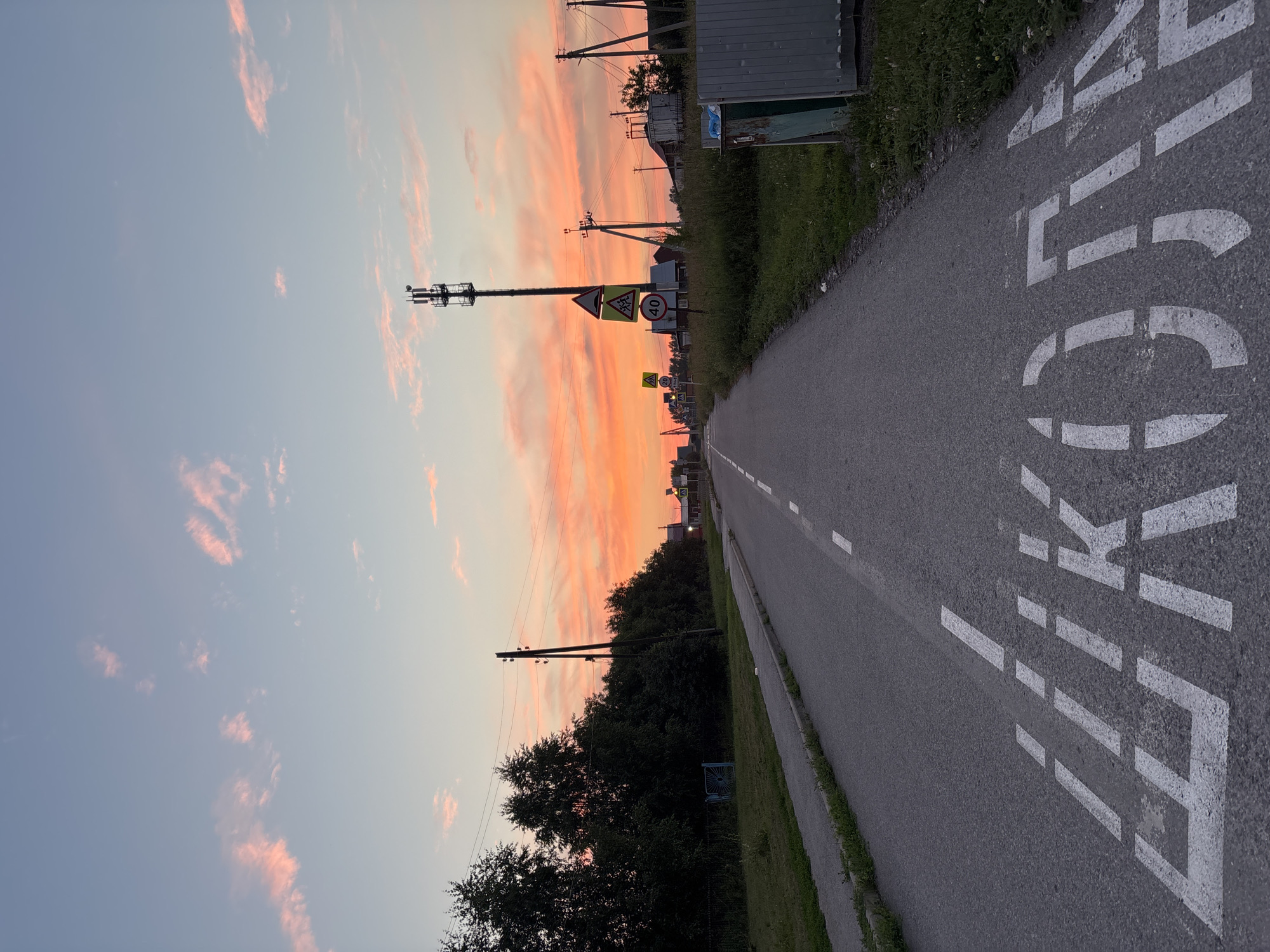The image shows a paved road in Vishnevka, Russia, with white markings indicating "ШКОЛА" (School) painted on the asphalt in the foreground. The road leads into the distance towards a rural landscape under a vibrant sunset sky filled with pink and orange clouds. On the right side of the road, there is a cell tower, several utility poles with wires, houses, and a metal fence enclosing a green bin. On the left side of the road, there are trees and a grassy verge. Road signs are visible, including one indicating a speed limit of 40. The scene depicts a quiet evening in a village setting.