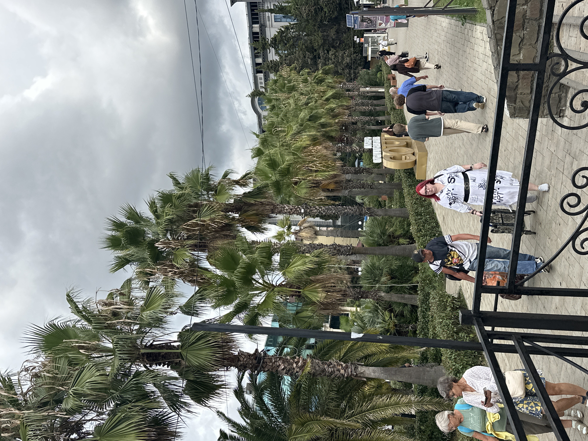 The image captures a view of the Sochi Arboretum (Dendrarium) in Sochi, Russia, on a cloudy day. In the foreground, a black metal railing with ornate scrollwork lines a walkway paved with light-colored tiles. A group of people are walking on the paved path. Two women, one in a green t-shirt and the other in a white patterned blouse and yellow skirt, are standing to the left, looking at a phone. A man in a t-shirt with a Russian emblem and jeans is walking towards the right, pulling a wheeled suitcase.
Further along the path, a woman with bright red hair, wearing a black and white patterned dress and glasses, walks towards the viewer, pulling a wheeled shopping bag. Behind her, several other individuals are walking away from the camera. A prominent feature in the background is a large, golden, three-dimensional sculpture that reads "SOCHI" in Cyrillic letters.
The scene is lined with numerous tall palm trees, some showing signs of age with dry fronds, interspersed with other greenery and smaller palm plants. In the distance, a large, multi-story building with a modern, reflective blue facade is visible between the palm trees, along with other buildings and trees. The sky is overcast with heavy, grey clouds. A street light or signpost with solar panels is situated on the right side of the path.