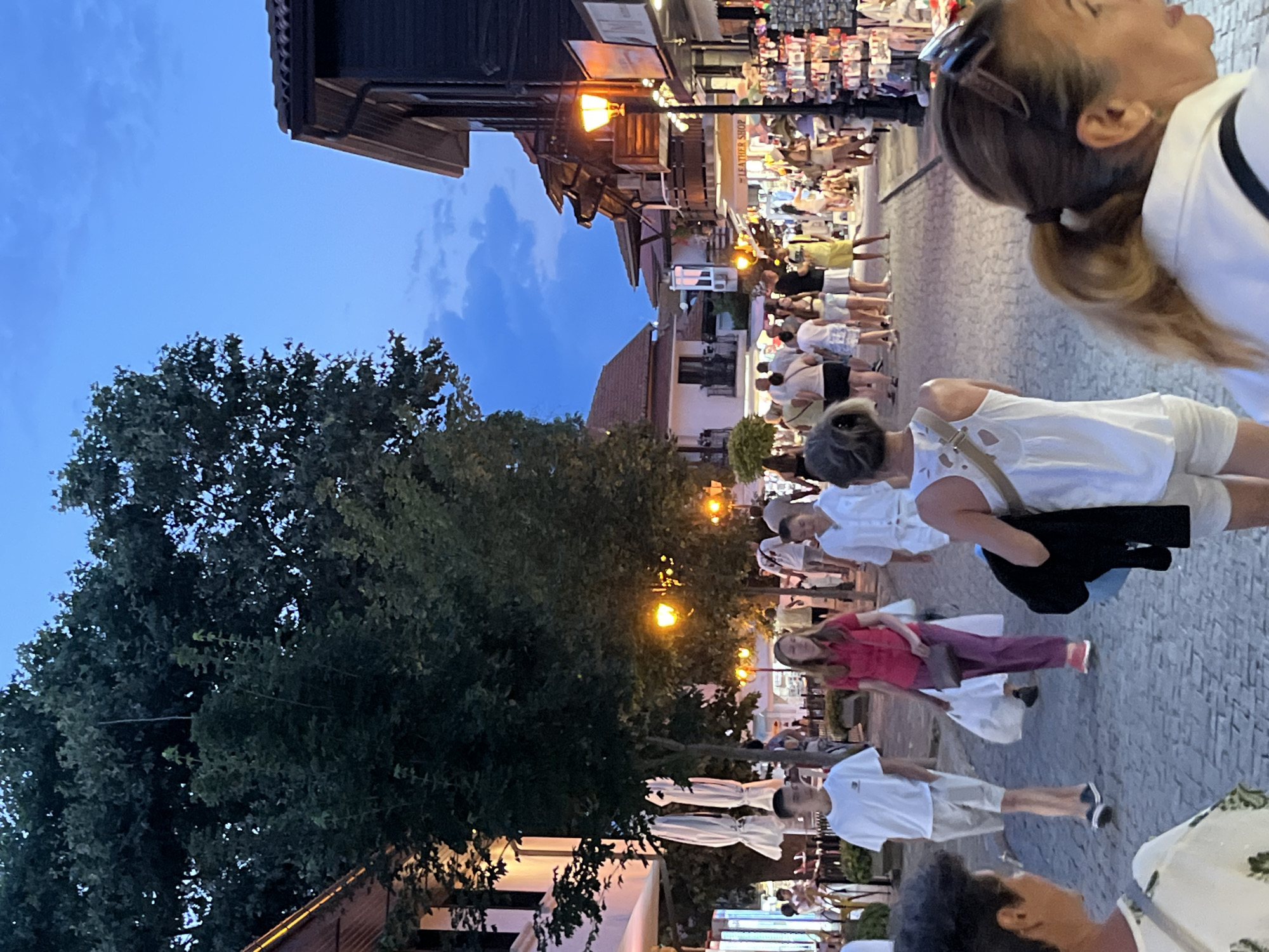The image depicts a street scene in the historic town of Nesebar, Bulgaria, at dusk. The cobblestone street is lined with buildings featuring traditional architecture, some with wooden balconies and tiled roofs. The sky is a deep blue, indicating the transition from day to night, with a few clouds visible. Several streetlights, casting a warm orange glow, illuminate the walkway.
A variety of people are walking along the street, some individually and others in groups. They appear to be tourists or locals enjoying an evening stroll. Their attire is casual and suitable for warm weather, with many wearing t-shirts, shorts, and light dresses. Some individuals are carrying shopping bags, suggesting they have been browsing the shops.
The shops lining the street display various goods, with racks of merchandise visible outside some establishments. Signs are present, one of which reads "LEATHER SHOP." The overall atmosphere suggests a lively and bustling commercial area, characteristic of a popular tourist destination. Trees with full foliage are interspersed along the street, adding to the ambiance. The perspective of the image is from street level, with several people in the foreground, partially obscuring the view of the street and shops behind them.