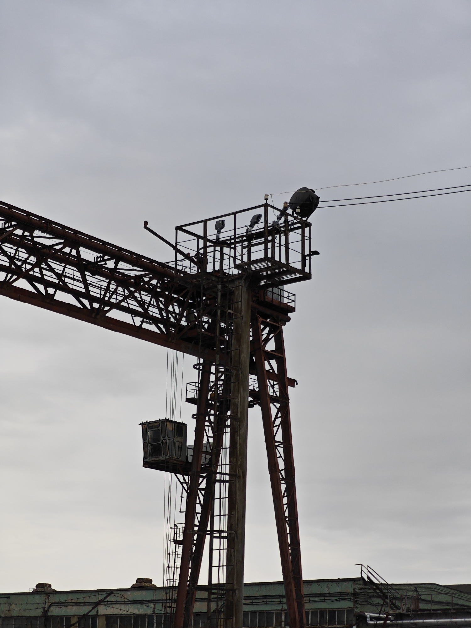 The image depicts an industrial crane in the city of Chaikovsky, Russia. The crane is constructed of red metal and features a boom extending to the left, a cage hanging from cables, and a platform at the top with lights and a large, covered object. The crane is silhouetted against a gray, overcast sky. The lower portion of a building with a green roof and barred windows is visible in the foreground. There are no people visible in the image.