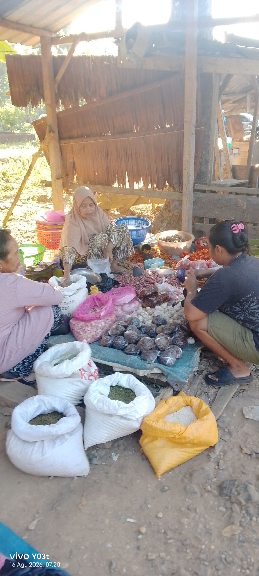 The image depicts an outdoor market scene, likely in Palosilae, Indonesia, under a makeshift shelter constructed from wood and dried palm leaves. In the center, an elderly woman wearing a beige headscarf and patterned clothing sits on the ground, surrounded by various produce. To her left, another woman in a pink shirt is partially visible. To the right, a third woman, wearing a black t-shirt and green shorts, crouches down.
The market stall displays an array of goods, including piles of red chilies, onions, and garlic. Several white sacks, one yellow sack, and pink plastic bags are filled with what appear to be grains and dried goods. Round, dark-colored items wrapped in plastic are also visible. The ground is dirt and gravel. The lighting suggests it is daytime, with bright sunlight filtering through the shelter. The timestamp "vivo YO3t 16 Agu 2026, 07.20" is visible in the lower left corner, indicating the photo was taken on August 16, 2026, at 7:20 AM.