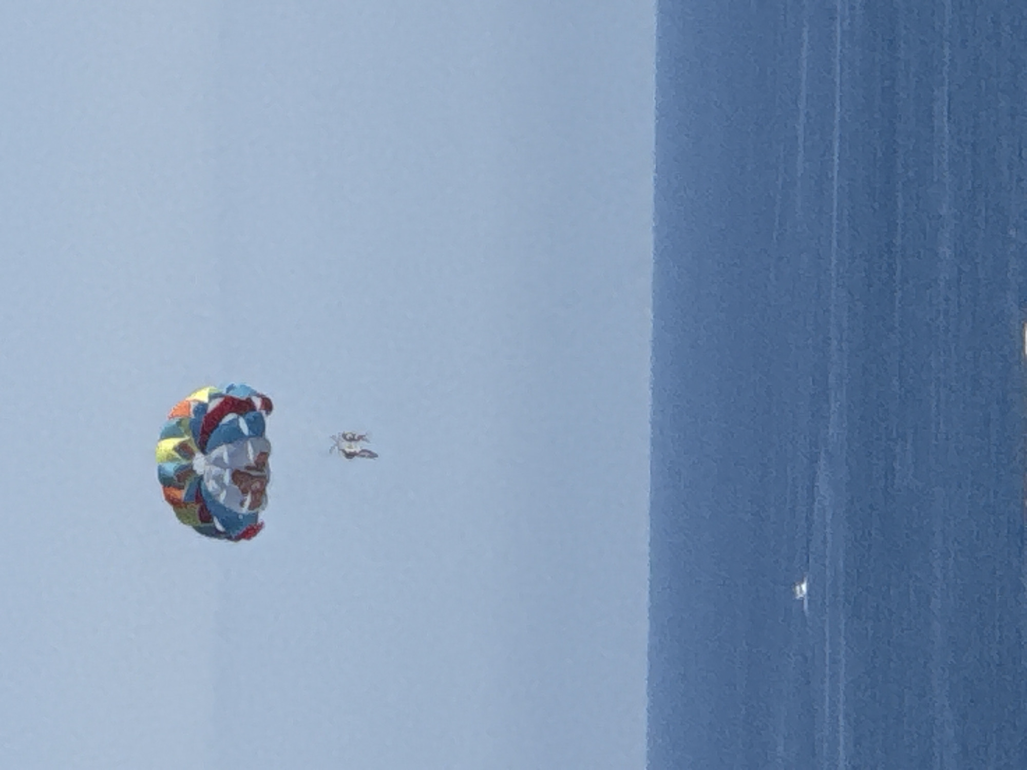 A colorful parachute with two people suspended beneath it is seen in the sky above the blue sea. The parachute is octagonal in shape and adorned with various colors, including red, blue, yellow, and white. The two individuals beneath are appearing as small figures, their exact details obscured by distance. The sea stretches out in the foreground, a vast expanse of deep blue with subtle ripples and distant whitecaps. A small white boat is visible in the far distance on the water, leaving a faint wake. The sky above is a clear, pale blue, devoid of clouds. The overall scene depicts a recreational activity taking place over the water, likely in a coastal area. Based on the prompt's reference to Boreti, Montenegro, this scene is likely situated along the Montenegrin coast, potentially near the Bay of Kotor, known for its scenic beauty and water sports.