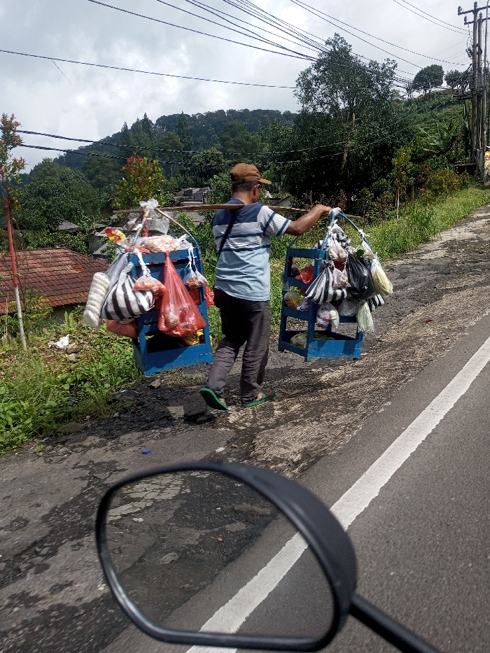 A vendor carries two blue, shelved containers filled with bagged goods on a bamboo pole across his shoulders. He wears a striped shirt, dark pants, a hat, and sandals. He walks along a road with a white line marking the lane. Lush greenery, trees, and hills form the background. Electrical wires stretch across the sky. A blurred motorcycle mirror is visible in the foreground, suggesting the photo was taken from a moving vehicle.