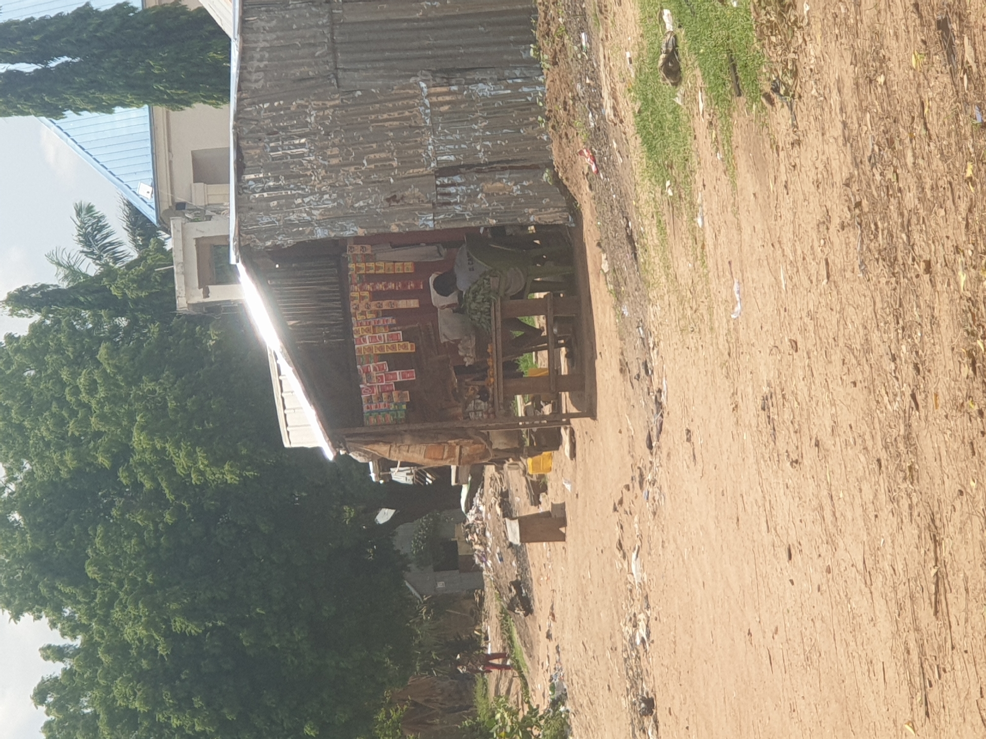 The image depicts a street scene in Jalingo, Nigeria, characterized by a makeshift roadside stall constructed from corrugated metal. The stall displays various packaged goods on shelves. A person, partially visible and seated behind the stall, appears to be engaged in an activity related to the merchandise. The environment surrounding the stall is a dirt road with scattered debris, including litter and vegetation. In the background, a large tree dominates the scene, with a building featuring a blue roof visible further in the distance. A lone figure, possibly a pedestrian, is seen walking away from the stall on the left side of the image. The overall impression is one of a typical, informal marketplace within the urban setting of Jalingo.