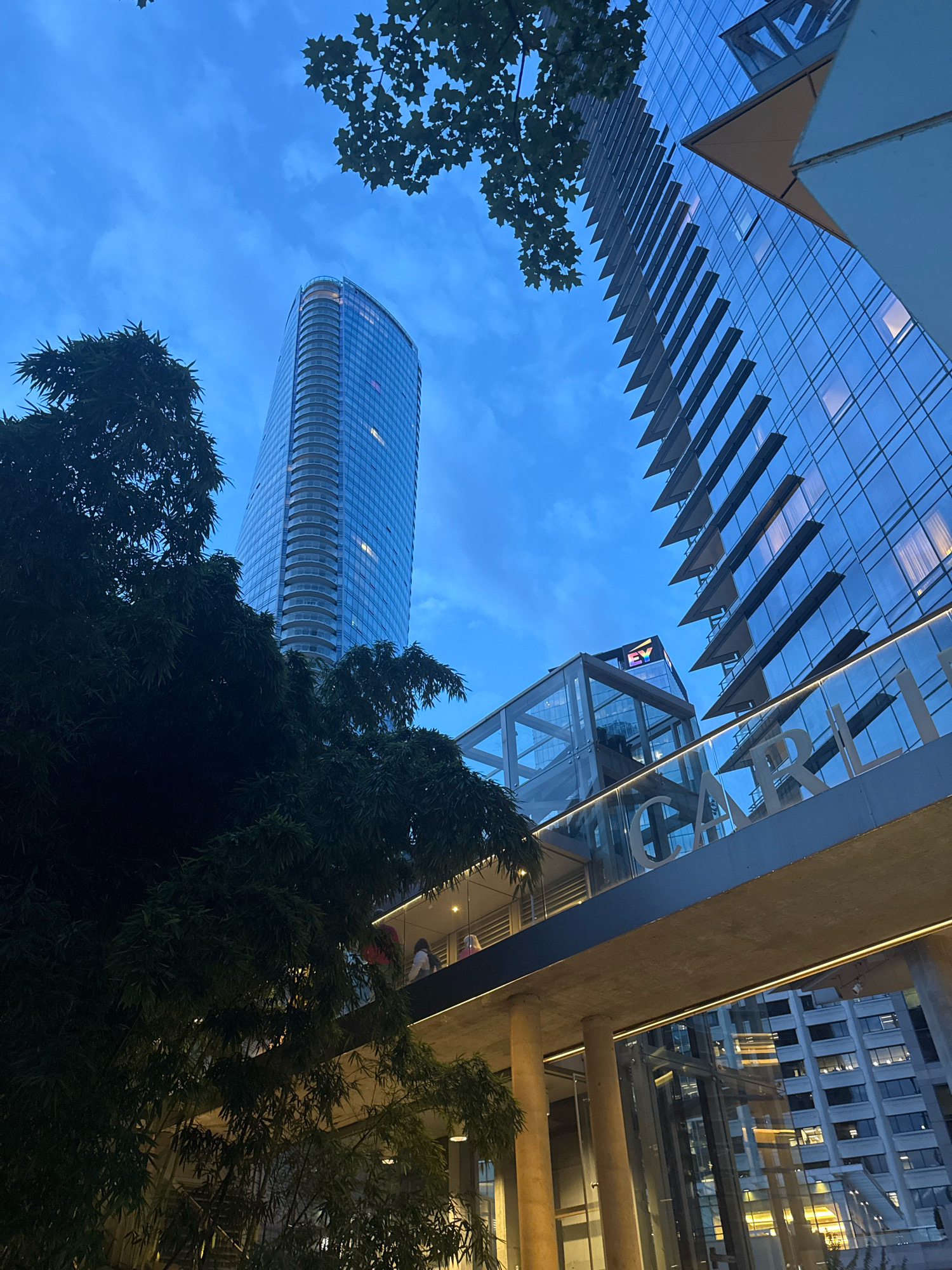 The image depicts a view of modern architecture against a twilight sky in Vancouver, Canada. In the foreground, a bridge-like walkway with glass railings spans across the frame. The walkway has a concrete underside and is illuminated by strip lighting. Visible lettering on the glass railing spells out "CARL".
Behind the walkway, a tall, slender glass skyscraper with a curved facade and balconies is prominently featured, its windows reflecting the evening sky. To the right, another glass skyscraper displays a distinctive facade with angled, reflective elements. A smaller glass structure with an "EY" logo is visible between the two main buildings.
Dark green foliage, possibly bamboo or similar plants, obscures parts of the lower left of the image, providing a contrast to the urban structures. People can be seen on the walkway, appearing as silhouettes against the illuminated background. The overall scene captures a moment in a bustling urban environment at dusk, with artificial lights beginning to dominate the natural light.