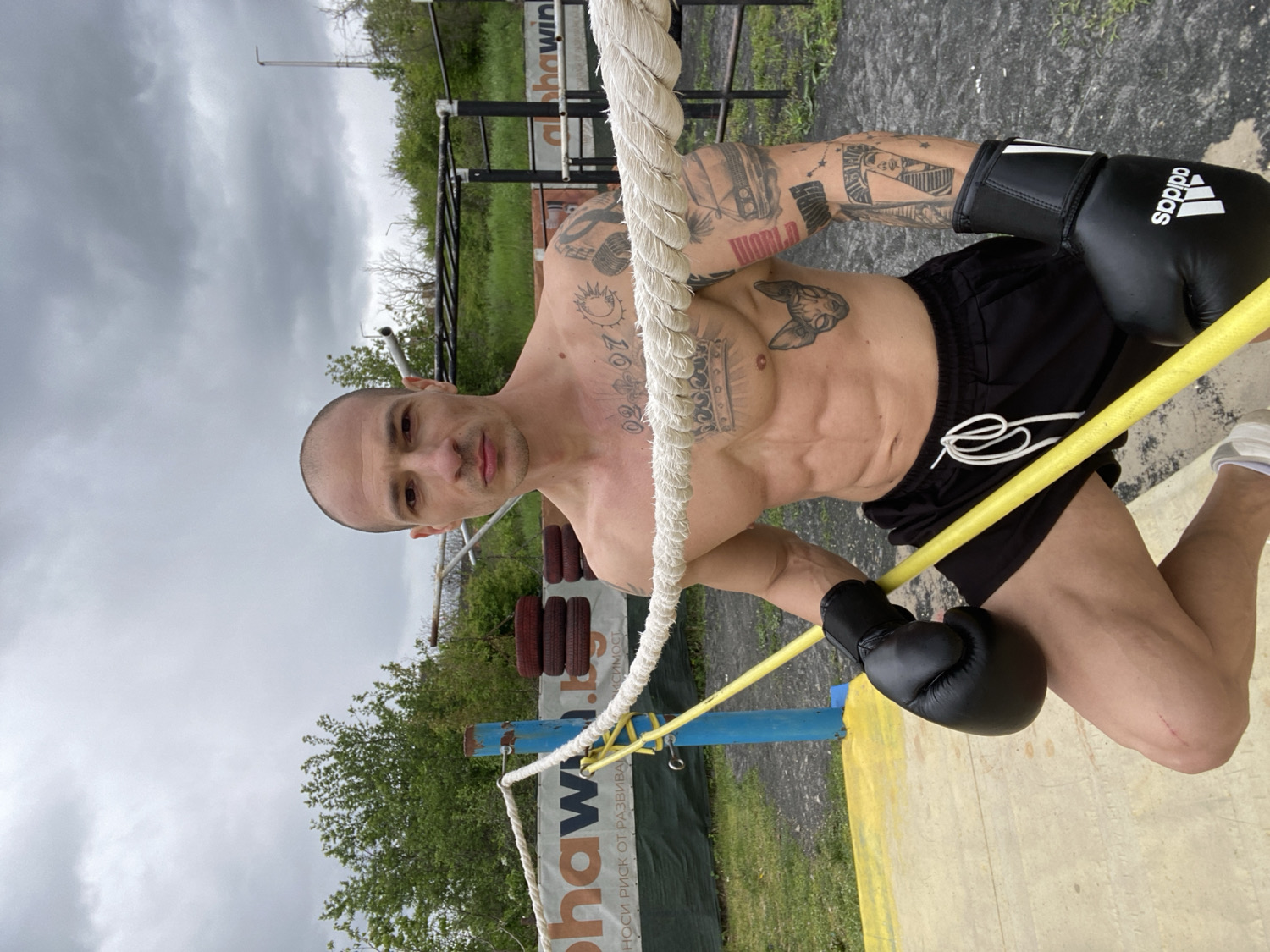An outdoor, eye-level shot features a muscular, shirtless man with numerous tattoos, posing in a boxing ring. He has a shaved head, a direct gaze towards the camera, and a neutral expression.
**Subjects:** The primary subject is a male athlete, showcasing a lean, muscular physique with visible abs and arm veins. He is adorned with extensive tattoos across his arms, chest, and torso, including a sun, numbers (possibly "27 98"), a crown, a cat's head, and various other intricate designs. He wears black athletic shorts with a white drawstring and black boxing gloves, one of which clearly displays the "adidas" logo.
**Objects:** The man is leaning against the ropes of a boxing ring, which features yellow bars/ropes, a thick white rope, and a yellow mat floor. The ring posts are blue. In the background, there are green trees, what appears to be basic outdoor gym equipment (like pull-up bars), and a white banner.
**Scene/Setting:** The setting is an outdoor training or boxing area, likely in Pleven, Bulgaria, under an overcast sky. The ring appears to be a functional, possibly rustic, setup.
**Activity or event taking place:** The man is posing for a photograph within the boxing ring, suggesting he is either training, about to train, or has just finished. His posture is athletic and self-assured.
**Notable details:** The weather is cloudy and overcast, indicating daytime but subdued light. The man's physical conditioning is a prominent detail, as are his numerous and varied tattoos. The boxing ring's construction, utilizing both thin yellow bars and a thicker white rope, adds to the rugged outdoor training aesthetic.
**Visible text:** The "adidas" logo is clearly visible on his right boxing glove. A white banner in the background prominently displays "alphawin" along with Cyrillic text below it, which reads "НОСИ РИСК ОТ РАЗВИВАНЕ НА ЗАВИСИМОСТ" (translating to "CARRY THE RISK OF DEVELOPING ADDICTION").