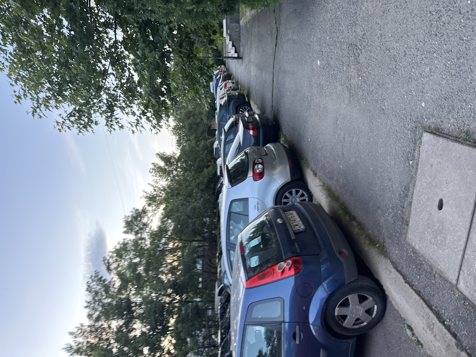 A slightly angled, daytime outdoor shot shows a row of parked cars along a narrow street, possibly in a residential area. The cars are closely packed together and parked along the right-hand side of the street, adjacent to a sidewalk. The dominant color of the first car is blue, followed by a silver car, and other cars in shades of gray and darker colors further down the street. The license plate of the blue car in the front is faintly visible. Overhanging trees with green foliage are visible on both sides of the street, partially obscuring the sky. The road and sidewalk appear to be constructed of asphalt and concrete, respectively. There are no visible pedestrians or other moving vehicles in the immediate vicinity. Based on the cars license plates, the location appears to be in Sofia, Bulgaria.