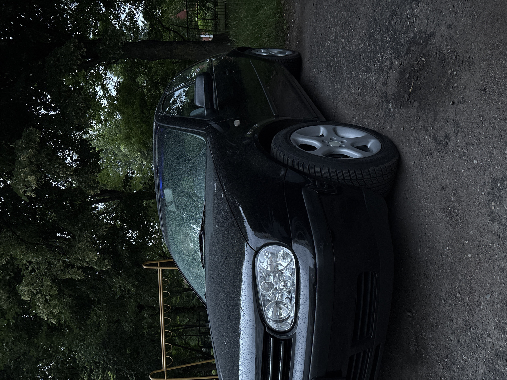 A black Volkswagen Golf hatchback is parked on a gravel surface next to a grassy area with trees in the background. The car is wet, suggesting it may have recently rained. The front passenger side of the car is visible, showing the headlight, grille, and part of the hood. A yellow swing set is partially visible behind the car on the left. The scene appears to be a residential area or park in Vitsebsk, Belarus.