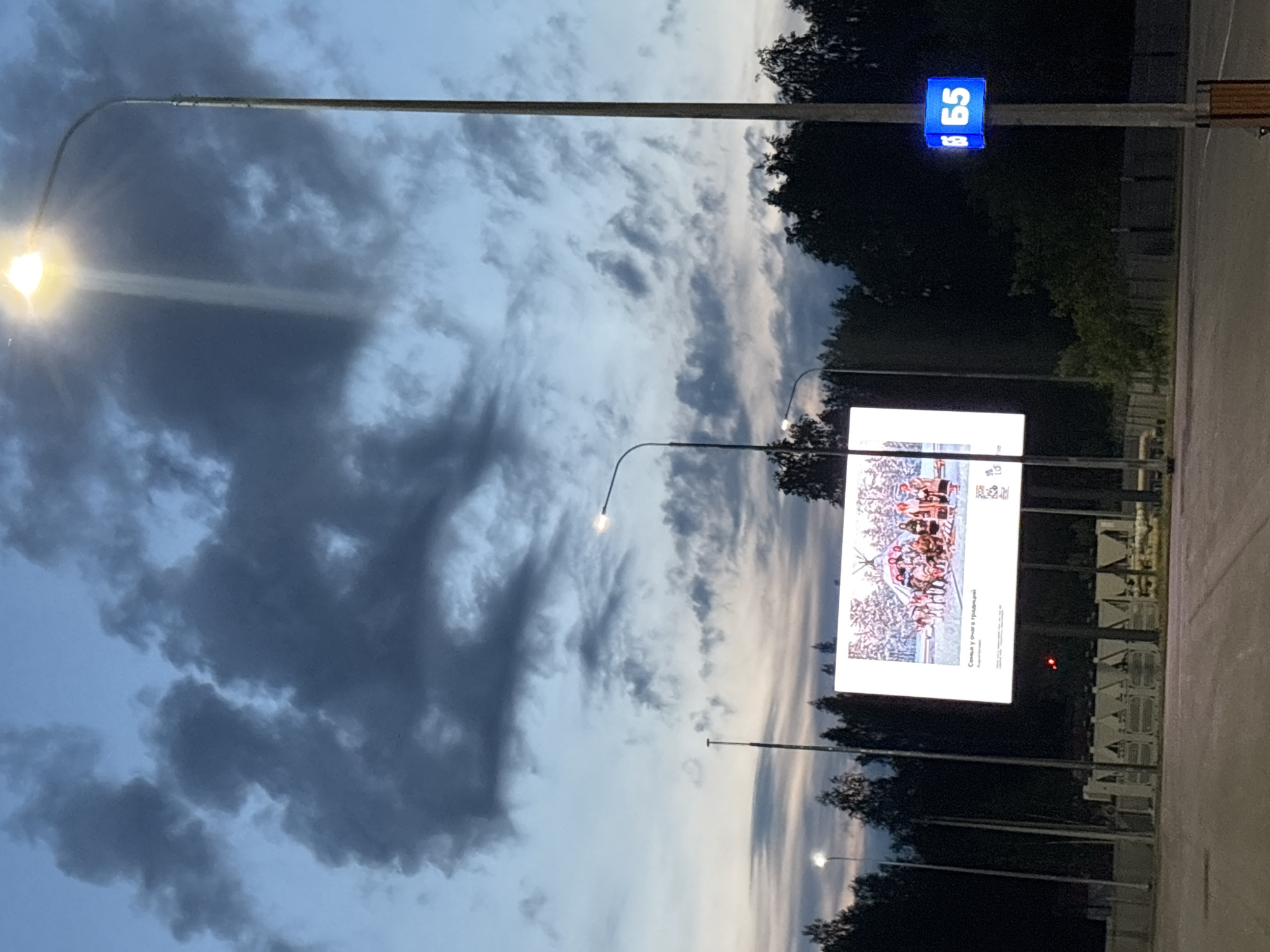 The image shows an outdoor scene in Новое Мартьяново, Russia, likely at dusk. The sky is filled with dark, heavy clouds. A street lamp is visible in the foreground, its light shining brightly. Further back, there is a large digital billboard displaying an image. A blue sign with the number "65" is attached to a pole. Trees line the edge of the scene. The ground appears to be a paved area.