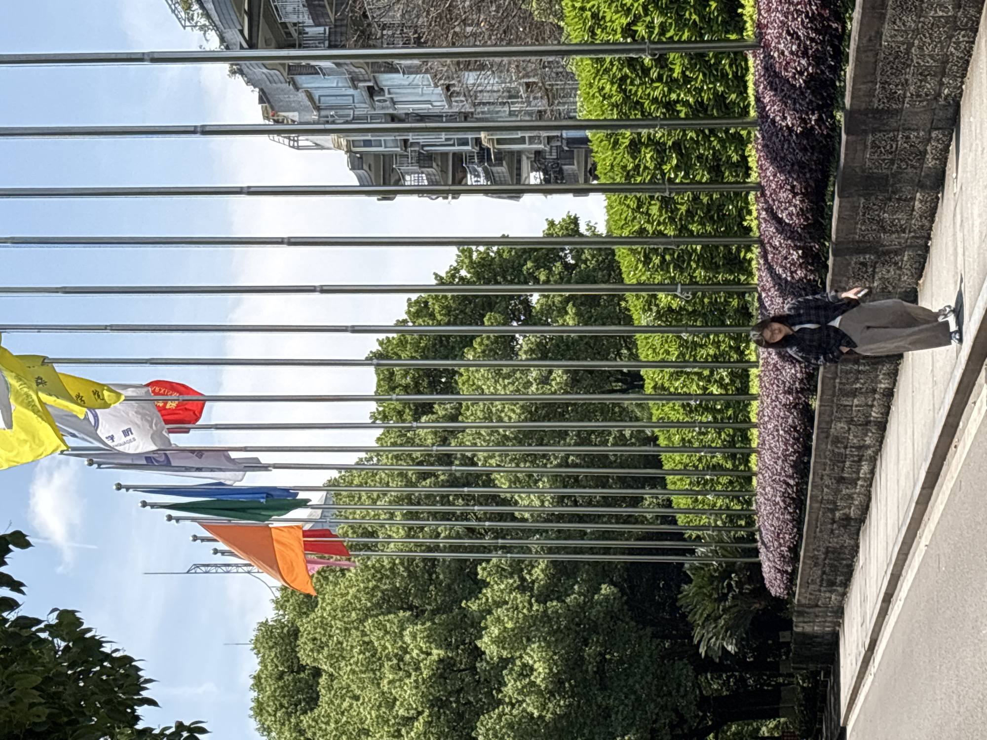 The image shows a row of flagpoles with various flags displayed, located in the Nan'an District of China. Behind the flagpoles is a lush green area with trees and purple-leaved plants lining a stone retaining wall. A person wearing a plaid shirt and beige pants stands on the sidewalk next to the wall. A multistoried building is visible in the background. The sky is blue with some clouds.