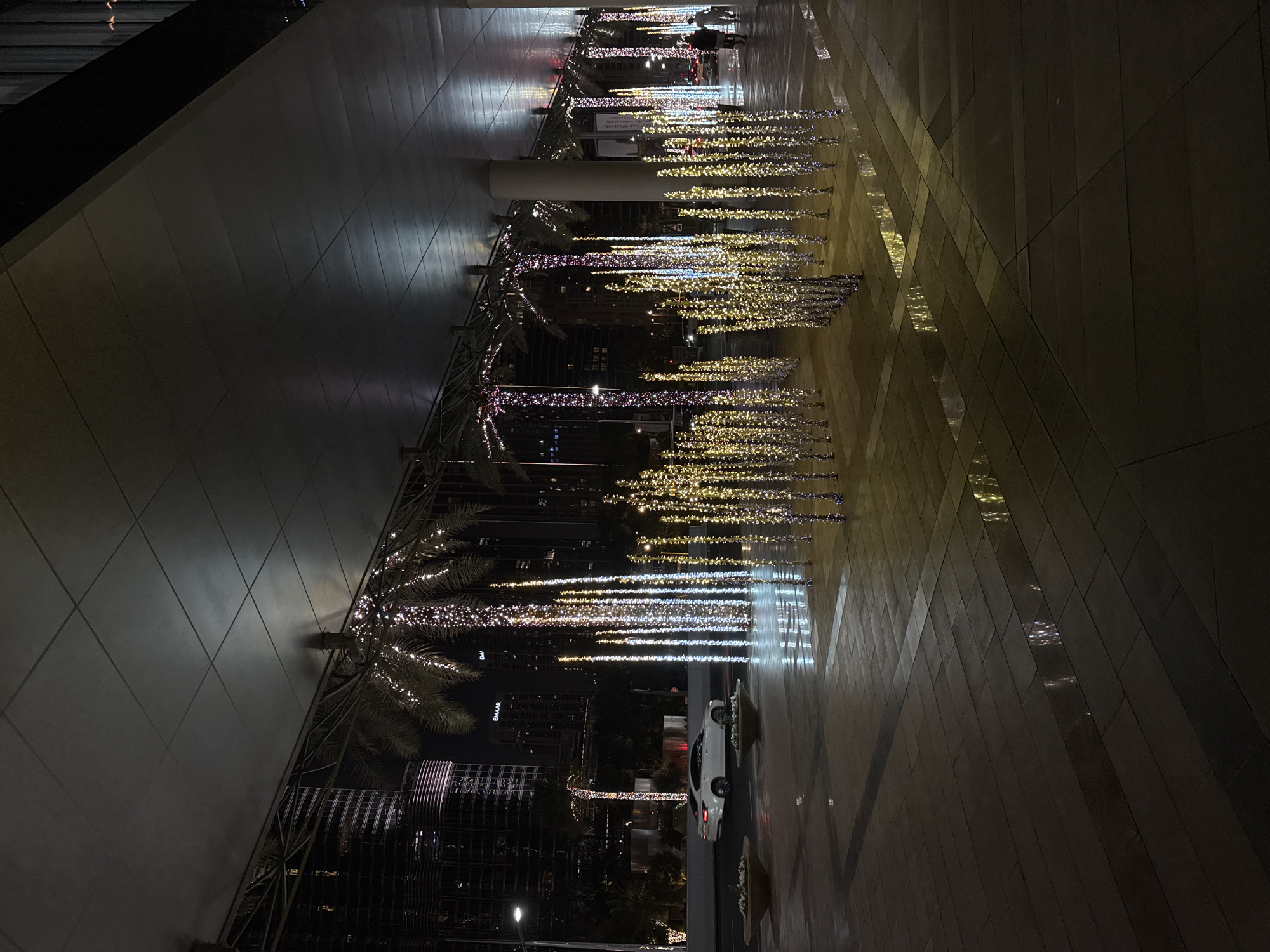The image captures an outdoor urban scene at night, likely in Dubai, United Arab Emirates. Palm trees are decorated with illuminated strings, possibly lights or reflective material. There are buildings in the background, and the architecture is modern and urban. The ground is paved and there is a white car on the right side.