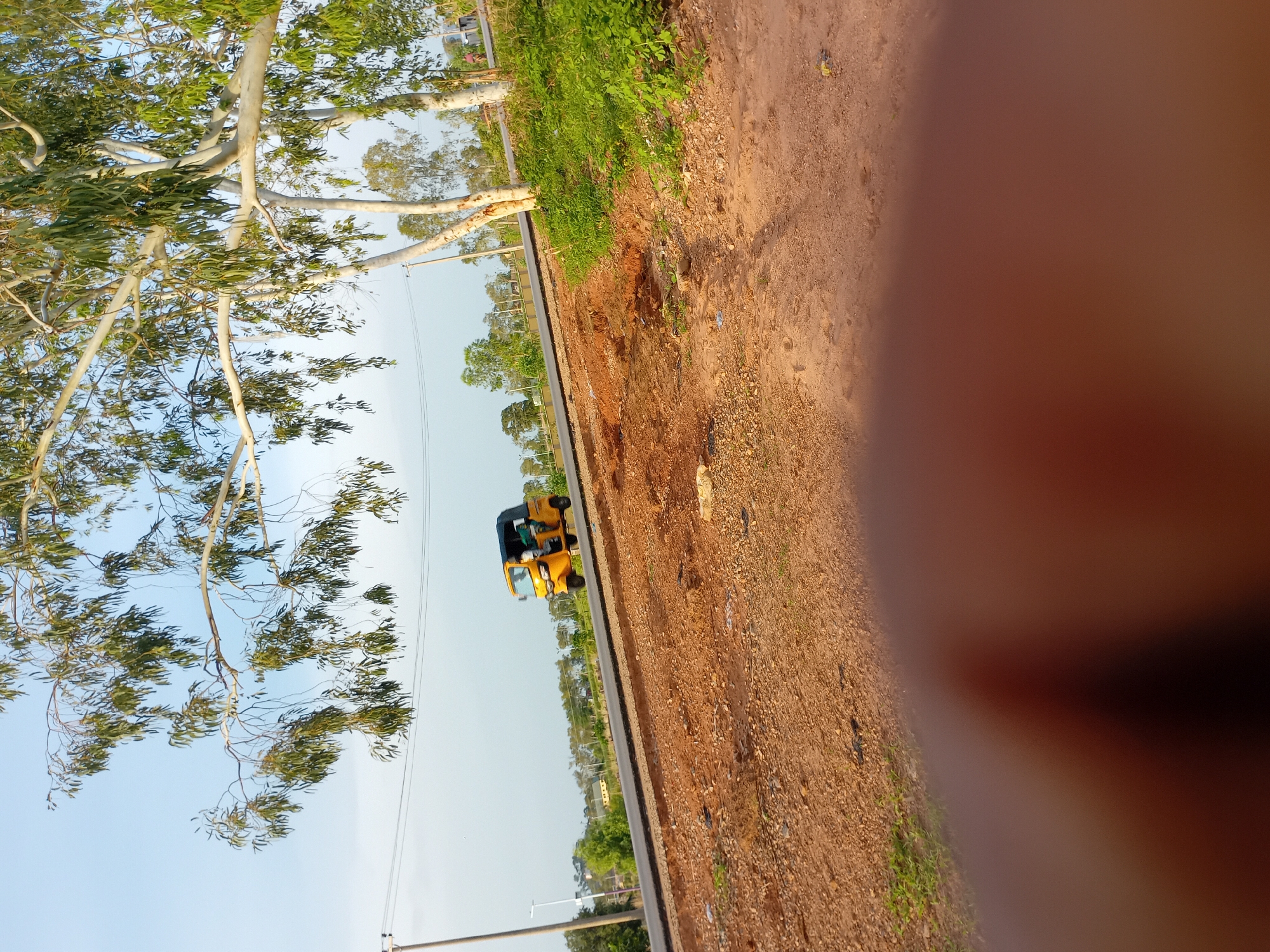 A yellow auto rickshaw is driving on a paved road in Jauro Yinu, Nigeria. The road is lined with trees and vegetation, and the sky is clear and blue. The foreground of the image is blurred, obscuring a portion of the scene. The auto rickshaw appears to have at least one passenger in the back. The time of day appears to be late afternoon or early evening, based on the lighting.