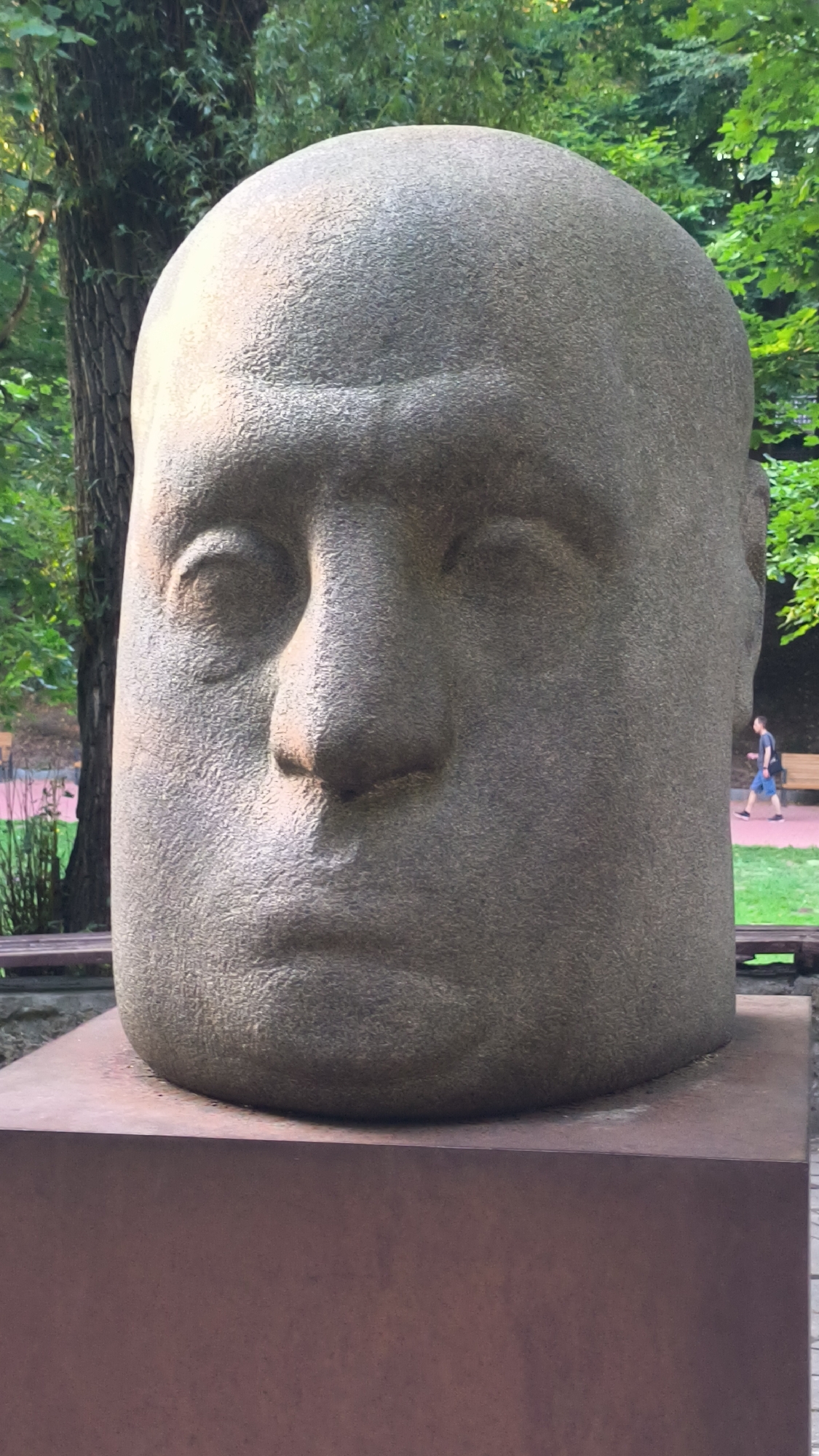 A close-up, head-on, eye-level shot of a large, rough-hewn stone sculpture of a human head is presented. The sculpture is bald with deep-set, empty eye sockets, a prominent nose, and a straight mouth. It sits on a dark, rectangular pedestal. The background consists of a park setting with lush green trees, foliage, and hints of park benches. In the far right background, a person wearing a blue shirt and shorts walks away from the camera. The sculpture is situated outdoors, likely in a public park or garden. The overall scene suggests an artistic installation in a natural, urban environment. This sculpture is the Monument to the Anonymous Intellectual in Lviv, Ukraine, located in Ivan Franko Park.