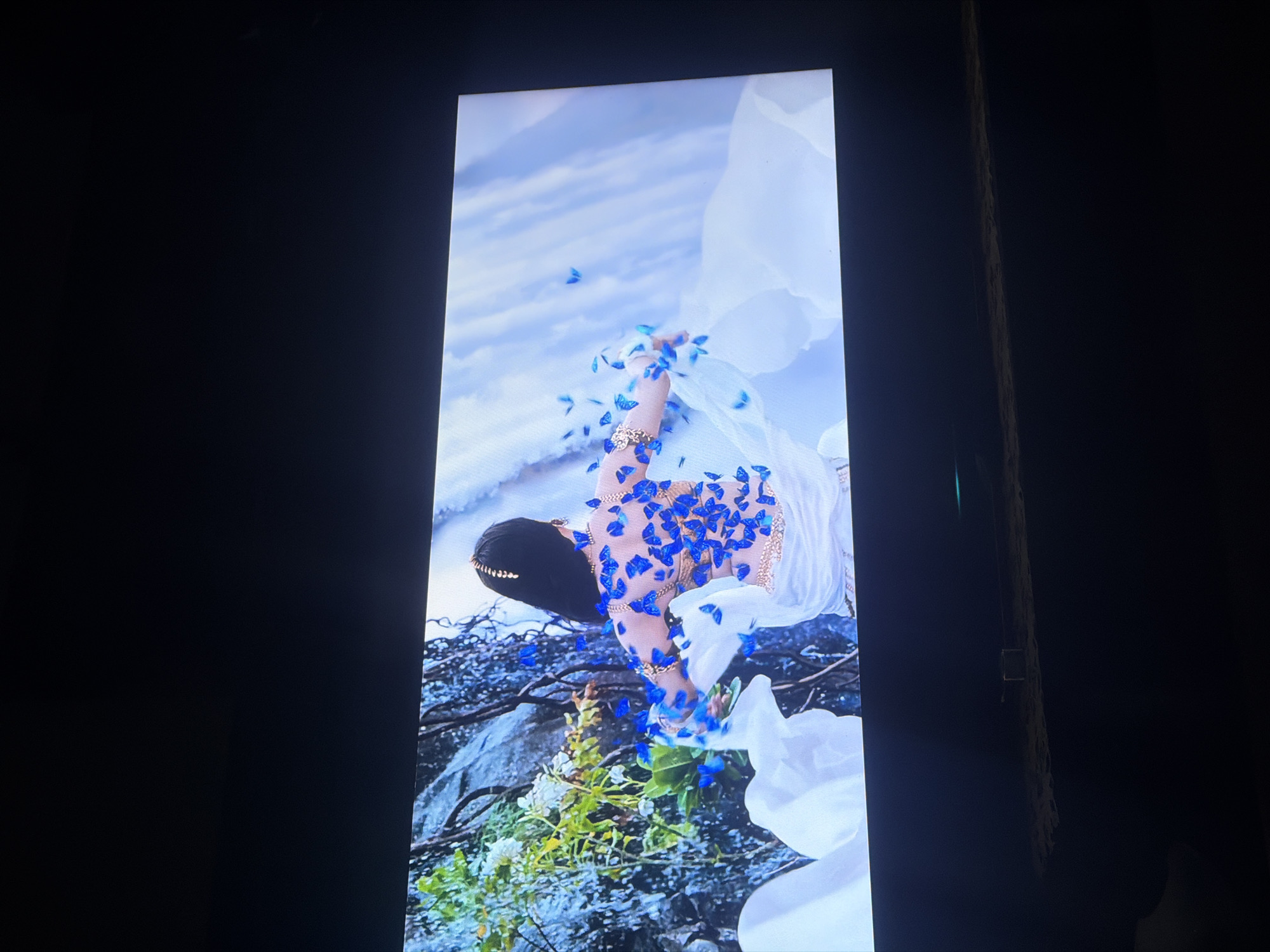 The image shows a screen displaying a scene from a movie or show. A person, likely a woman based on the attire, is seen from the back, her arms outstretched. Her back is adorned with numerous blue butterflies. She is wearing a white dress and gold jewelry around her waist and arms. In the background, there is a waterfall and lush greenery. The scene appears to be set in a natural, outdoor environment. There is no information within the image or its crops that suggests a location in the city of Pavel Banya, Bulgaria.