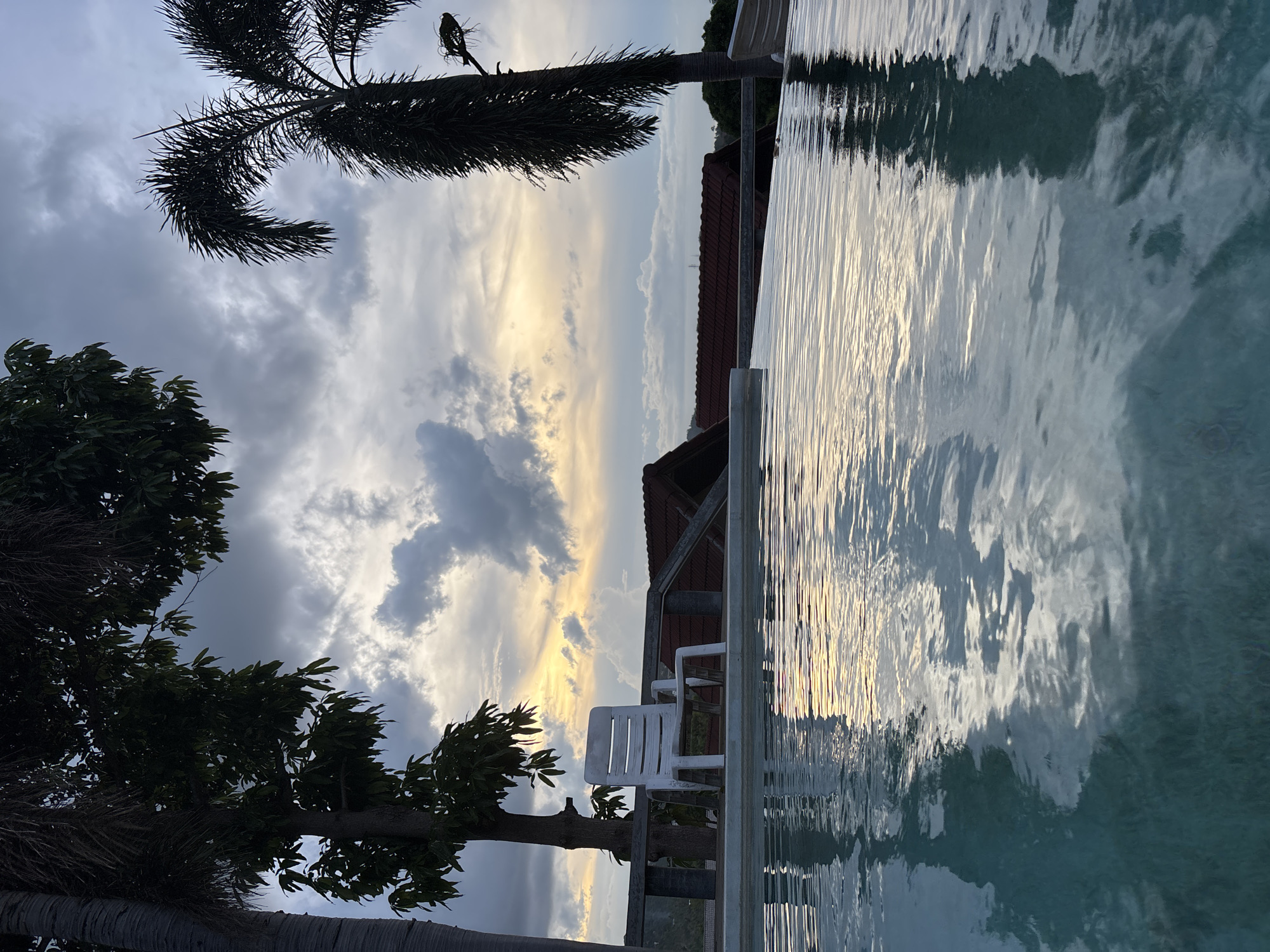 This image depicts an outdoor scene at Ban Bang Rak, Thailand, likely at dusk or dawn, featuring an infinity pool in the foreground. The lower half of the frame is filled with the tranquil, rippling surface of the pool water, which reflects the overcast sky and warm light from the horizon. The water exhibits a light blue-green hue, with darker reflections of nearby foliage.
Positioned on the far edge of the pool, slightly left of center, is a white, slatted plastic chair, oriented towards the horizon. Behind the chair, a dark, horizontal barrier or railing is visible. To the left of the chair, a tree with a light-colored, textured trunk and dark green foliage stands. On the far right, a tall palm tree with dense, dark, drooping fronds is silhouetted against the sky. Further into the midground, several structures with reddish-brown tiled roofs are partially visible, nestled among green vegetation.
The upper half of the image is dominated by a cloudy sky. A band of warm, golden-yellow and orange light emanates from the low horizon, indicating the sun's position. Overcast gray and white clouds occupy the majority of the sky, with some illuminated by the warm light from below. The overall environment suggests a tropical or subtropical setting. No individuals are present in the scene.