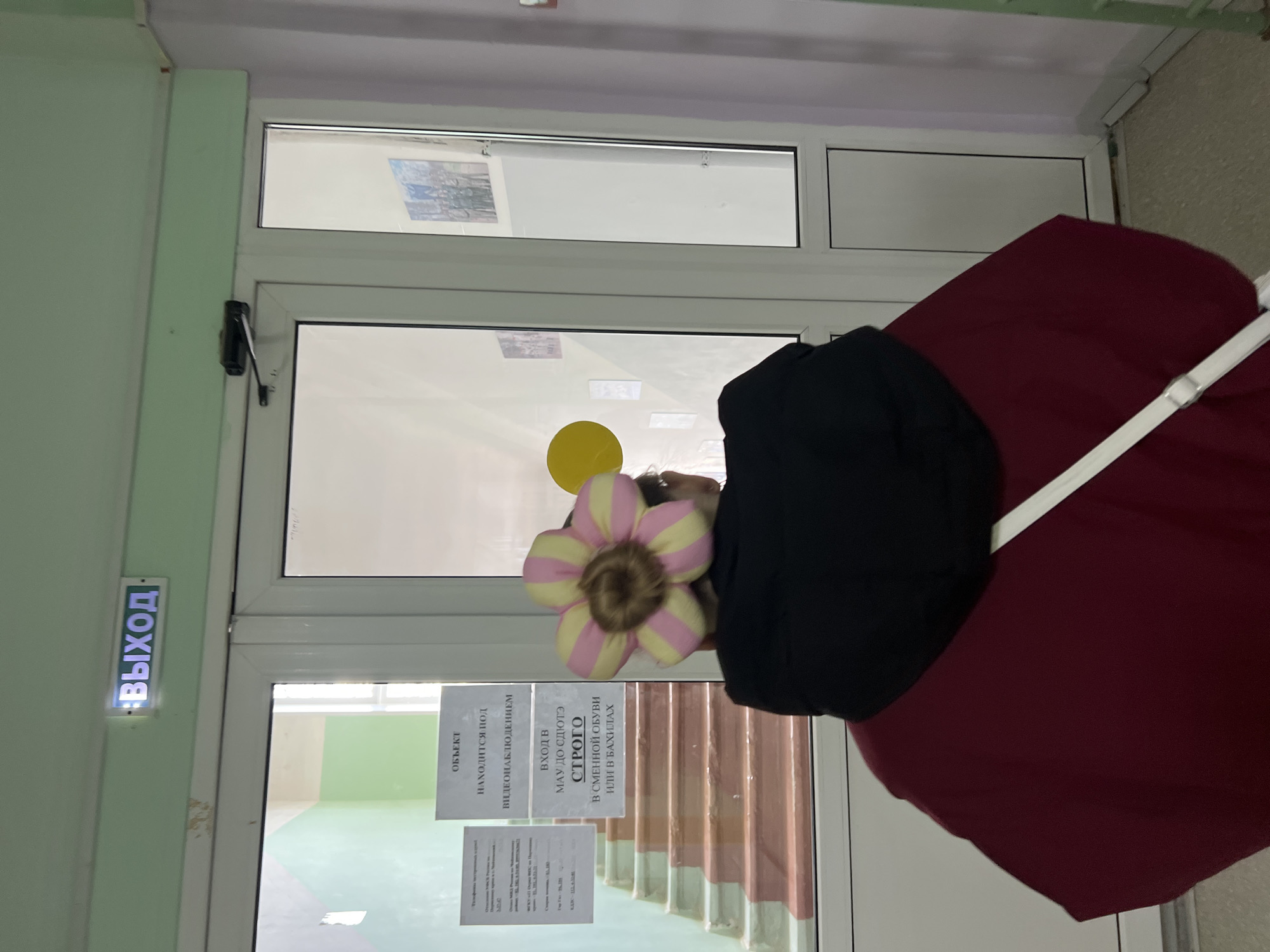 The image shows a person standing in front of a doorway. The door is white with a glass panel and has a sign on it in Russian. The sign states that the object is under video surveillance and that entry is strictly in change shoes or overshoes. To the left of the door, there is a green wall with an illuminated exit sign. The person is wearing a dark-colored jacket and a dark-colored skirt. They have a large flower decoration in their hair. The location is in the city of Chaikovsky, Russia.