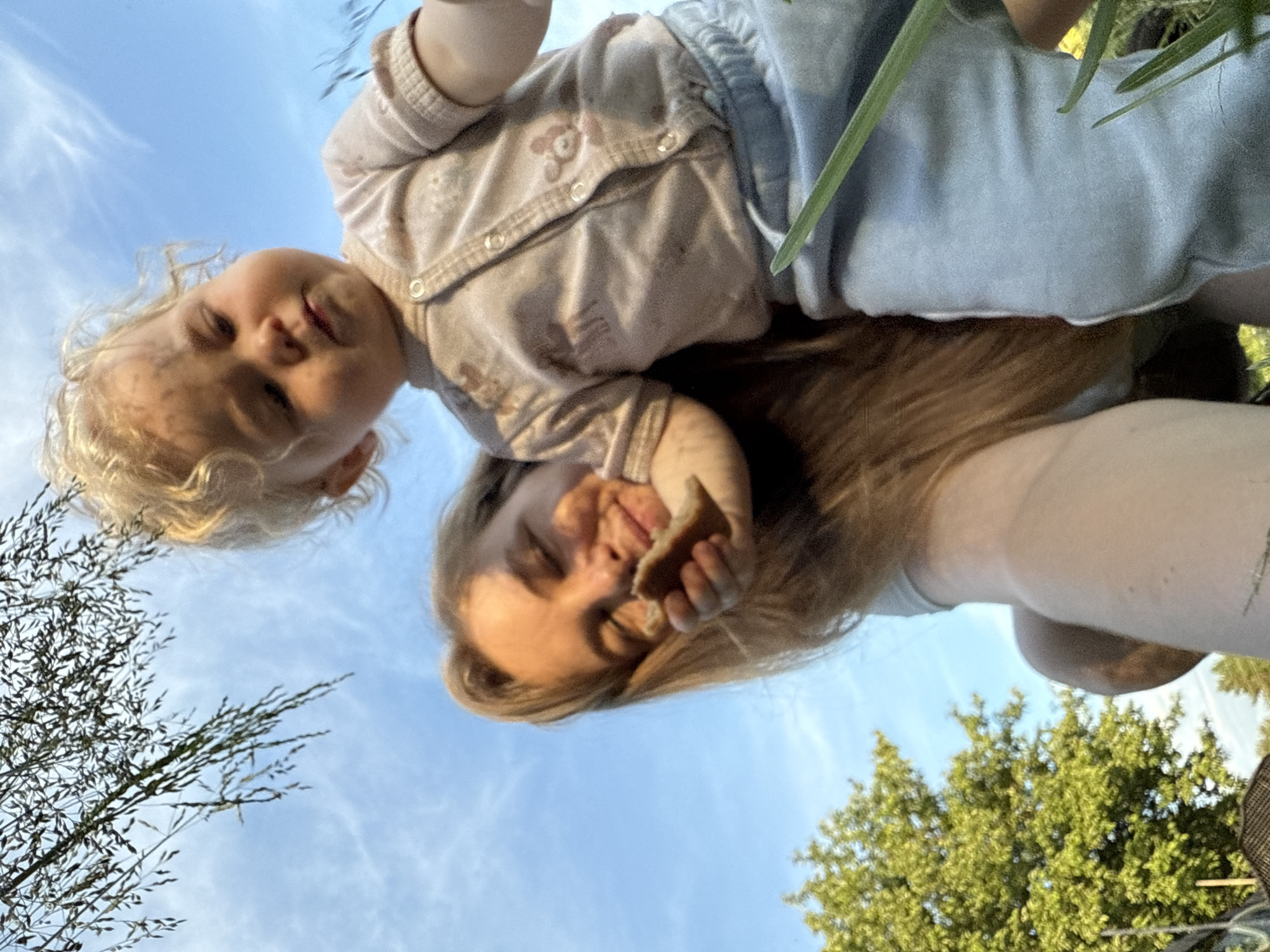 This low-angle, outdoor shot captures an adult and a young child looking down towards the camera under a bright blue sky. The scene likely takes place during the daytime, possibly late afternoon or early evening, in Красный Маяк, Russia, given the warm, natural lighting and clear skies with scattered wispy clouds.
In the foreground, an adult, likely female, with long, light brown hair, smiles subtly as she holds a piece of food, possibly a cracker or biscuit, to her mouth. She wears a light-colored top, which appears to be light blue or grey. Positioned directly above her, and slightly to the left, is a child with curly blonde hair. The child is wearing a light-colored, possibly beige, onesie or top patterned with faint, small shapes (possibly bears), and light-colored pants. The child's eyes are partially closed, perhaps due to the sun or a relaxed expression.
The viewpoint is from directly beneath the subjects, looking upwards. Tall, green plant stalks and blades of grass frame parts of the image, appearing in both the lower left and upper right sections. A dense canopy of green tree foliage is visible in the lower right background, contrasting with the expansive blue sky. The image conveys a candid and intimate moment between the two individuals in a natural, open-air environment. No text is visible in the media file.