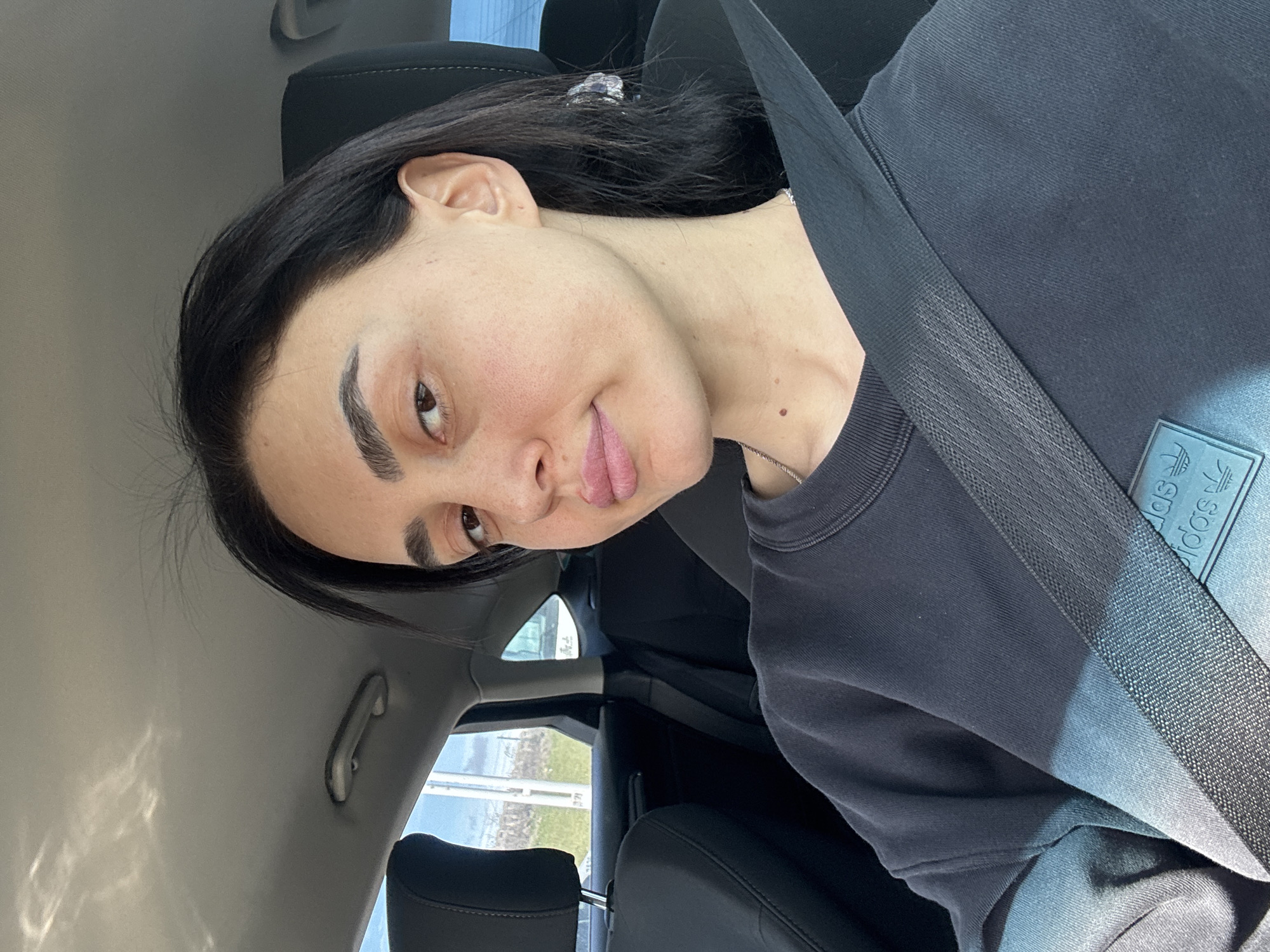 A young woman is depicted seated in the front of a car, looking directly towards the camera. Her head is tilted to her left, with dark hair cascading over her shoulders. She has dark eyebrows and brown eyes, with a slightly pouty or thoughtful expression on her lips. Her skin appears fair with some natural redness.
She is wearing a dark (likely black or very dark grey) long-sleeved sweatshirt. A car seatbelt is fastened across her chest and shoulder. On the left side of her chest, a prominent Adidas logo is visible on her sweatshirt, featuring the three stripes and the word "adidas" below them. A thin silver chain is also visible around her neck.
The setting is the interior of a car, with black leather seats and a grey headliner. Bright daylight illuminates the scene, casting reflections on the car's interior surfaces. Through the car windows, a bright, clear sky is visible above a distant landscape that appears to be an urban or semi-urban environment with buildings or structures, suggesting it is daytime. The context provided indicates this scene is set in Tbilisi, Georgia. The image captures a casual moment, possibly a selfie, within the car.