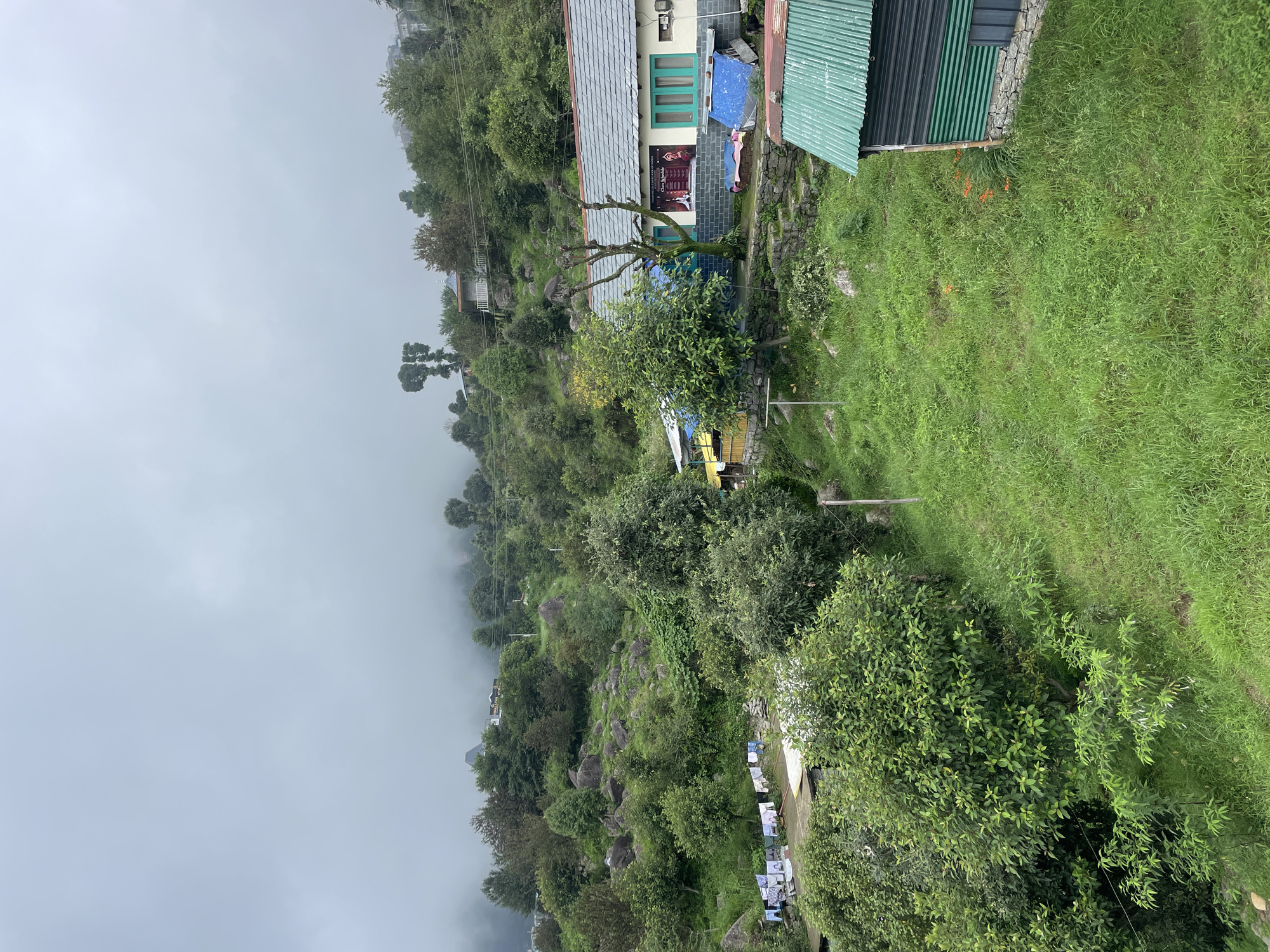 The image captures a cloudy, overcast day in Bhagsu, India, likely a mountainous region given the terrain and vegetation. The scene depicts a residential area with several buildings nestled into a lush green hillside. In the foreground, a grassy slope is dotted with orange flowers and a small structure with a green corrugated metal roof. Further up the slope, a larger building with a gray tiled roof and teal window frames is visible. A poster advertising a "Dance Schedule" is affixed to its exterior wall. To the left of this building, laundry is hung on a line. The landscape is characterized by dense greenery, including various trees and shrubs, interspersed with large rocks. The background is obscured by fog and low-lying clouds, creating a hazy atmosphere. The overall impression is one of a quiet, rural setting in a hilly, possibly remote, location.