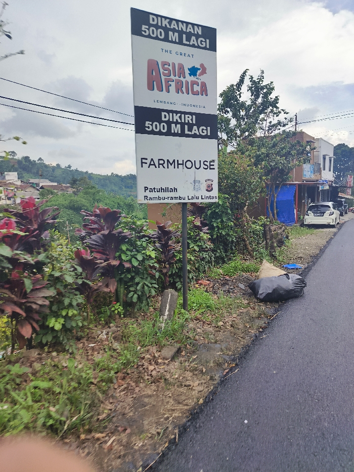 A sign post stands on the side of a paved road in Lembang, Indonesia (latitude: -6.826, longitude: 107.608). The sign reads "Dikanan 500 M Lagi," "The Great Asia Africa, Lembang - Indonesia," "Dikiri 500 M Lagi," and "Farmhouse. Patuhilah Rambu-rambu Lalu Lintas," which translates to "Right 500 M Ahead," "The Great Asia Africa, Lembang - Indonesia," "Left 500 M Ahead," and "Farmhouse. Obey Traffic Signs." There are lush green bushes with red foliage to the left of the sign, and the road is relatively empty. A black garbage bag is on the shoulder of the road near the sign post. A small blue tarp hangs on a structure to the right of the road. In the distance, a small gray car is driving down the road. The sky is overcast with light gray clouds.