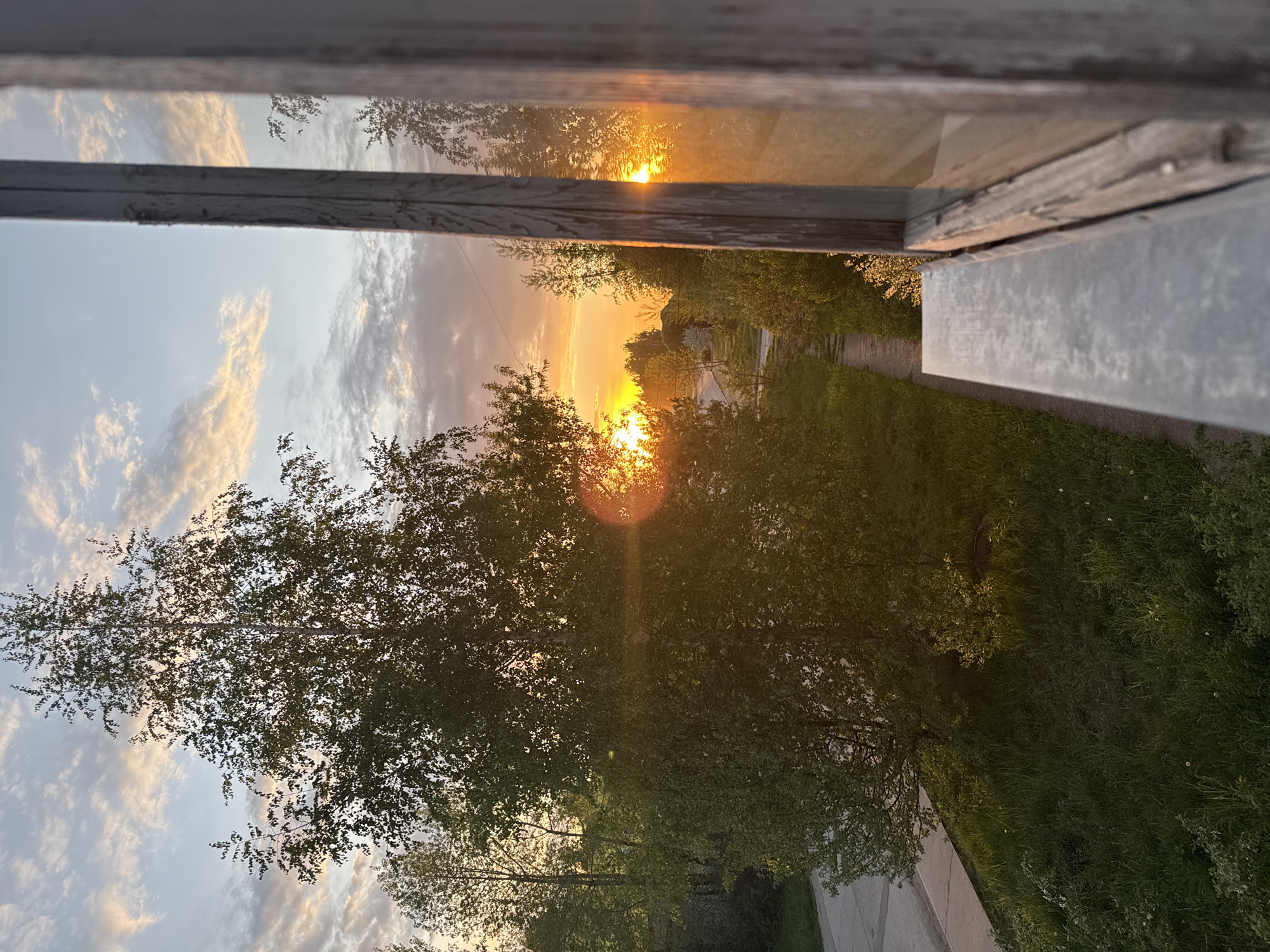 The image depicts a view through a window at sunset. The window frame is visible at the top and right side of the image, appearing weathered and painted. The sunset creates a bright orange glow behind the trees and reflects on the window glass. The landscape includes trees with green foliage, with the sun shining through the branches, creating lens flare. A sidewalk runs along the lower right side of the frame, adjacent to grass. Beyond the trees, there appears to be a street and possibly houses, suggesting a residential area. Clouds are present in the sky, tinged with the colors of the setting sun.