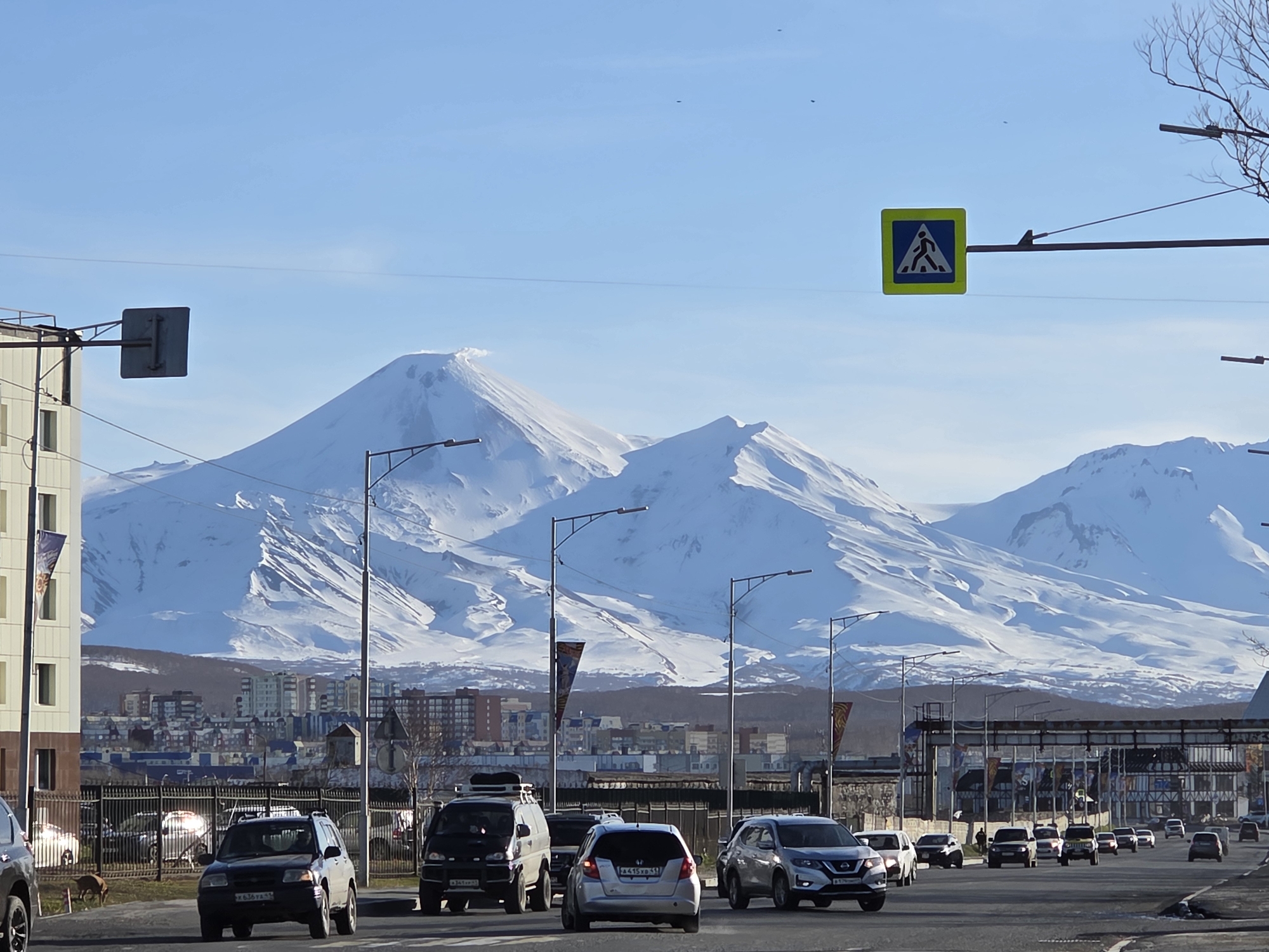 The image depicts a cityscape framed by snow-covered mountains under a clear blue sky. In the foreground, a street with several vehicles is visible, including SUVs and cars, indicating vehicular traffic. Streetlights line the road, and a pedestrian crossing sign is prominently displayed. Midground features buildings interspersed with trees, suggesting an urban area. The background is dominated by large, snow-covered mountains, presumably a mountain range, adding to the scene's geographic context. There is no visible human activity outside of the implied presence of drivers in the cars. The setting suggests a location where urban infrastructure meets a mountainous landscape.