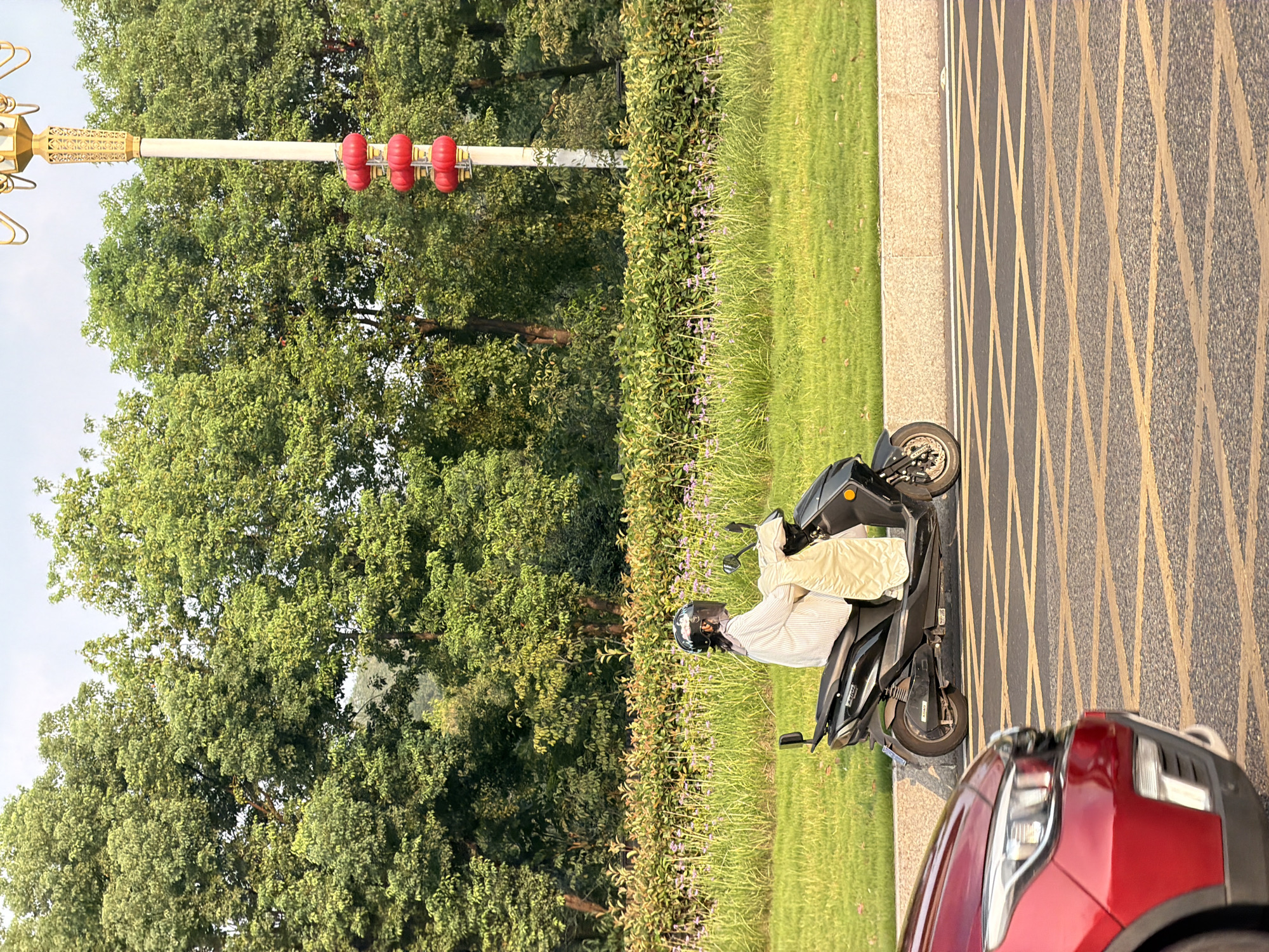 A side-view, medium shot captures a person on a black electric scooter at a slight angle to the right, facing right in the city of Jiangjin, China. The person, wearing a helmet and a vertically striped white and light-colored shirt, is draped with a light-colored garment across their lap. The scooter is positioned on a paved surface bordering a grassy area with a line of flowering bushes behind it. In the foreground, the front portion of a red car is visible on the left side of the frame, obscuring the lower left corner of the scene. A lamppost with decorative gold accents and red lanterns is visible on the right side of the image, behind the scooter and the bushes. The background is dominated by lush green trees. The sky is overcast and bright. Yellow crisscross markings are visible on the paved road in the foreground.